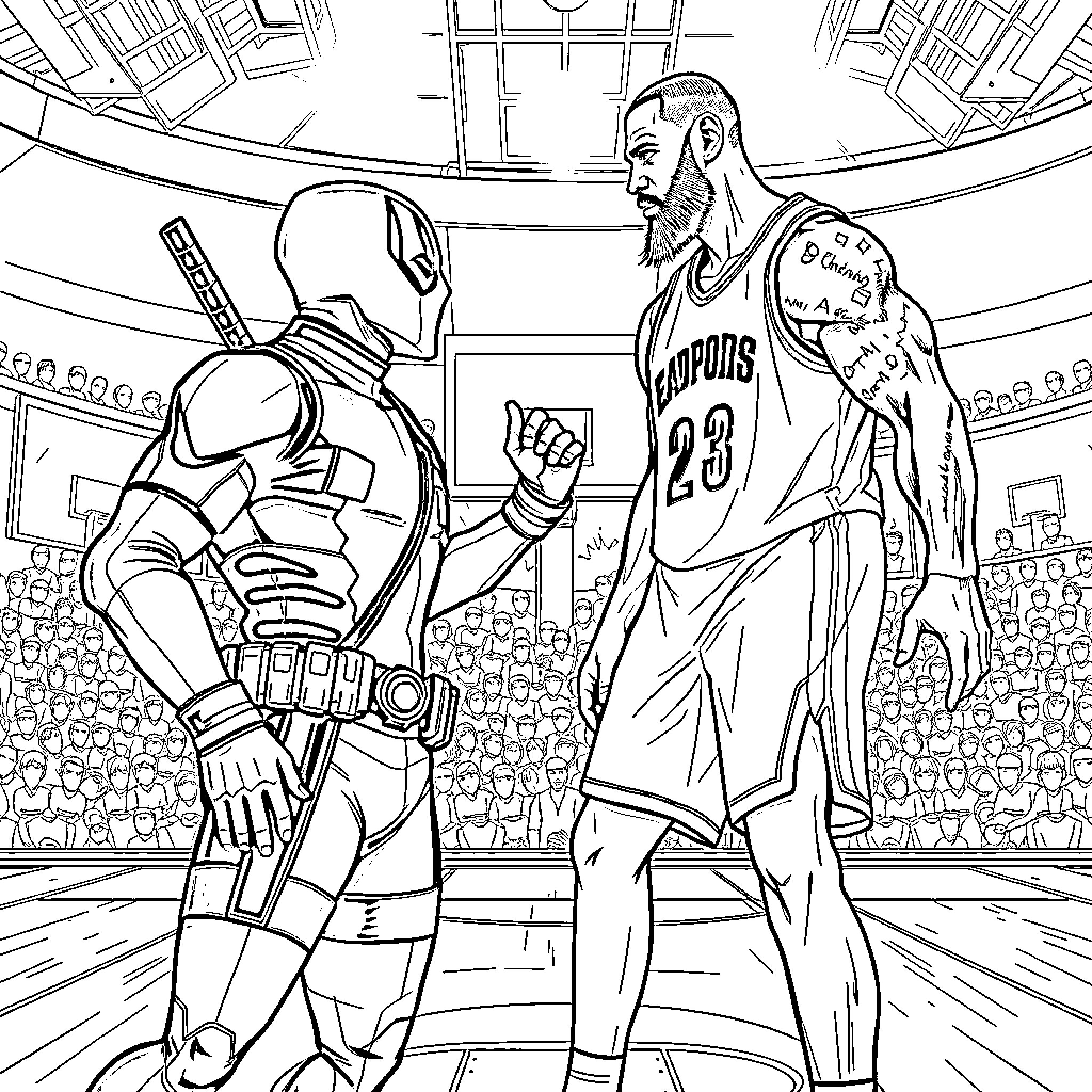 Deadpool challenges basketball player in arena Coloring Page (free black-and-white line drawing printable PDF for all, from beginners to advanced learners, including children, teens, adults, and seniors)