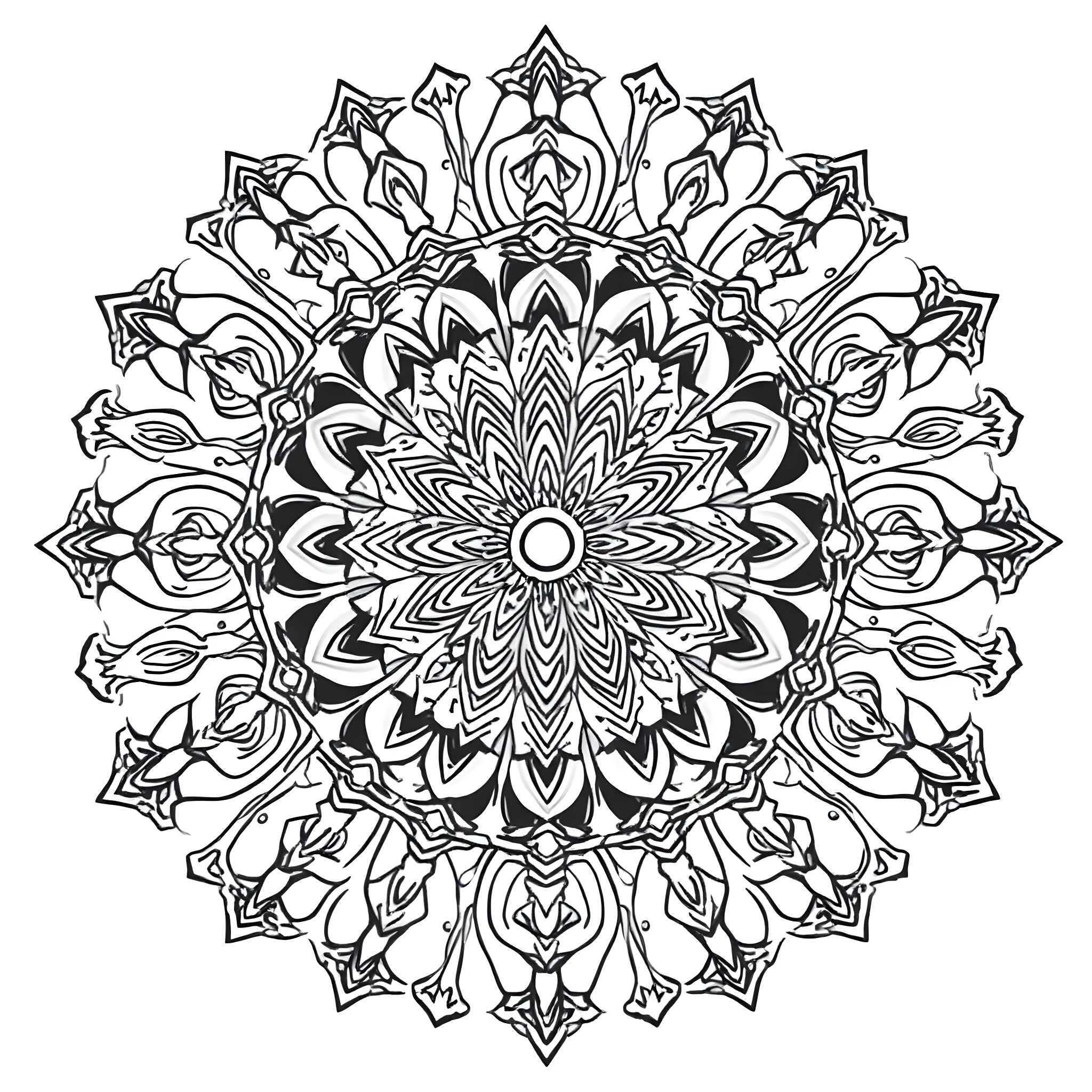 Mandala with intricate floral patterns and symmetrical design Coloring Page (free black-and-white line drawing printable PDF for all, from beginners to advanced learners, including children, teens, adults, and seniors)