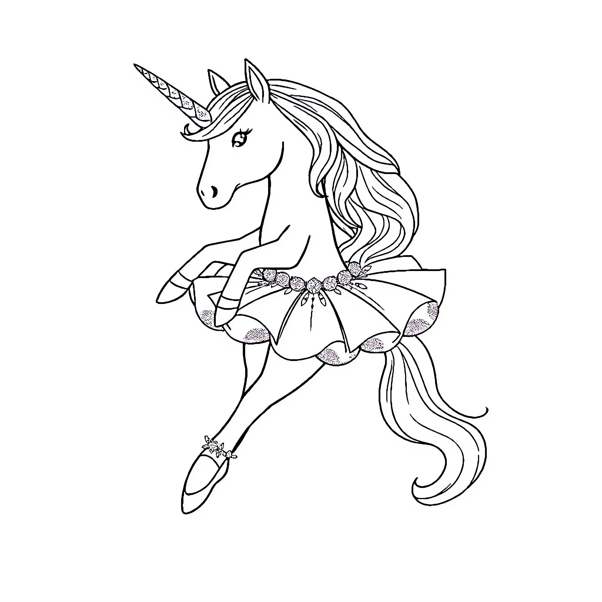 Unicorn dancing gracefully in a tutu Coloring Page (free black-and-white line drawing printable PDF for all, from beginners to advanced learners, including children, teens, adults, and seniors)