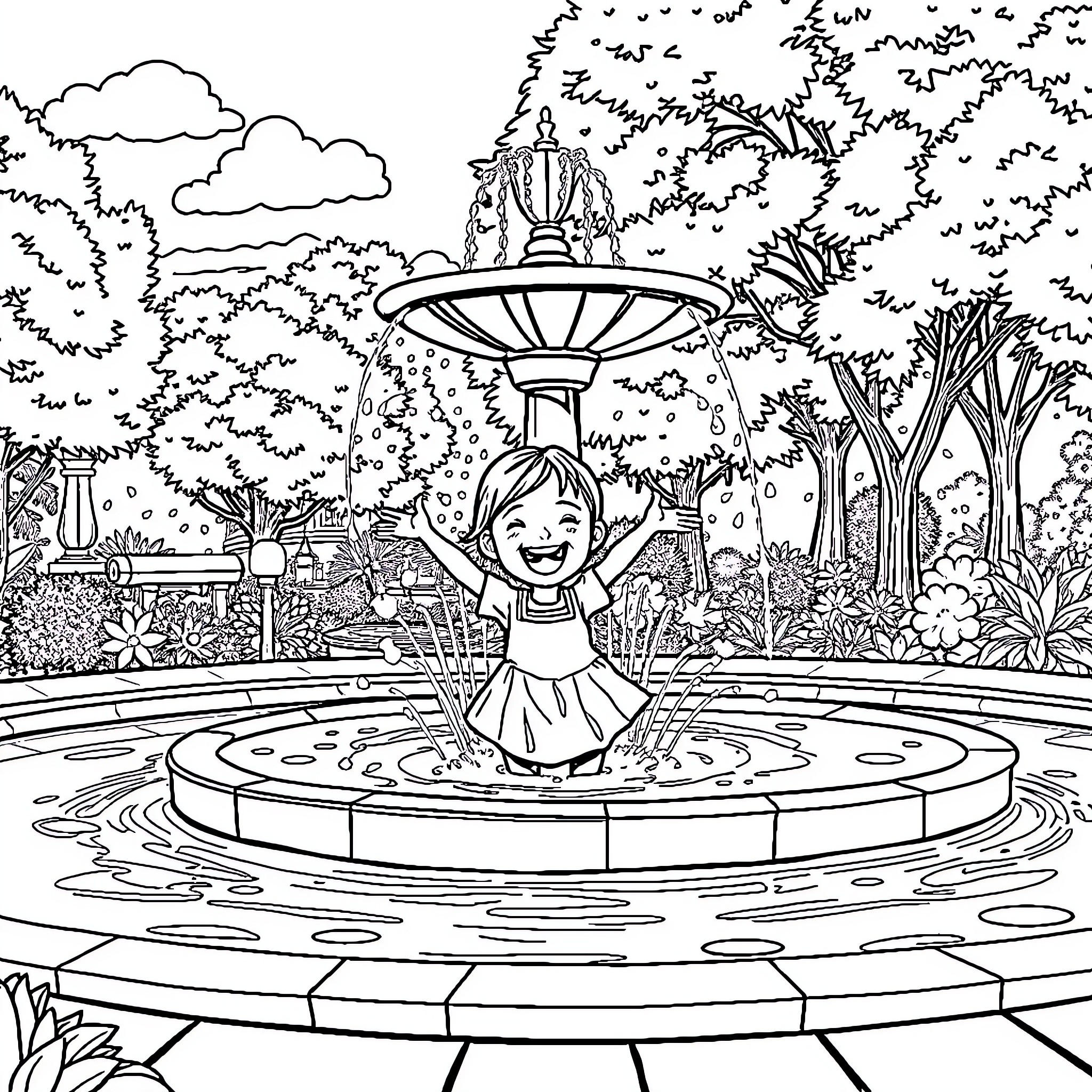 Girl playing happily in the garden fountain Coloring Page (free black-and-white line drawing printable PDF for all, from beginners to advanced learners, including children, teens, adults, and seniors)