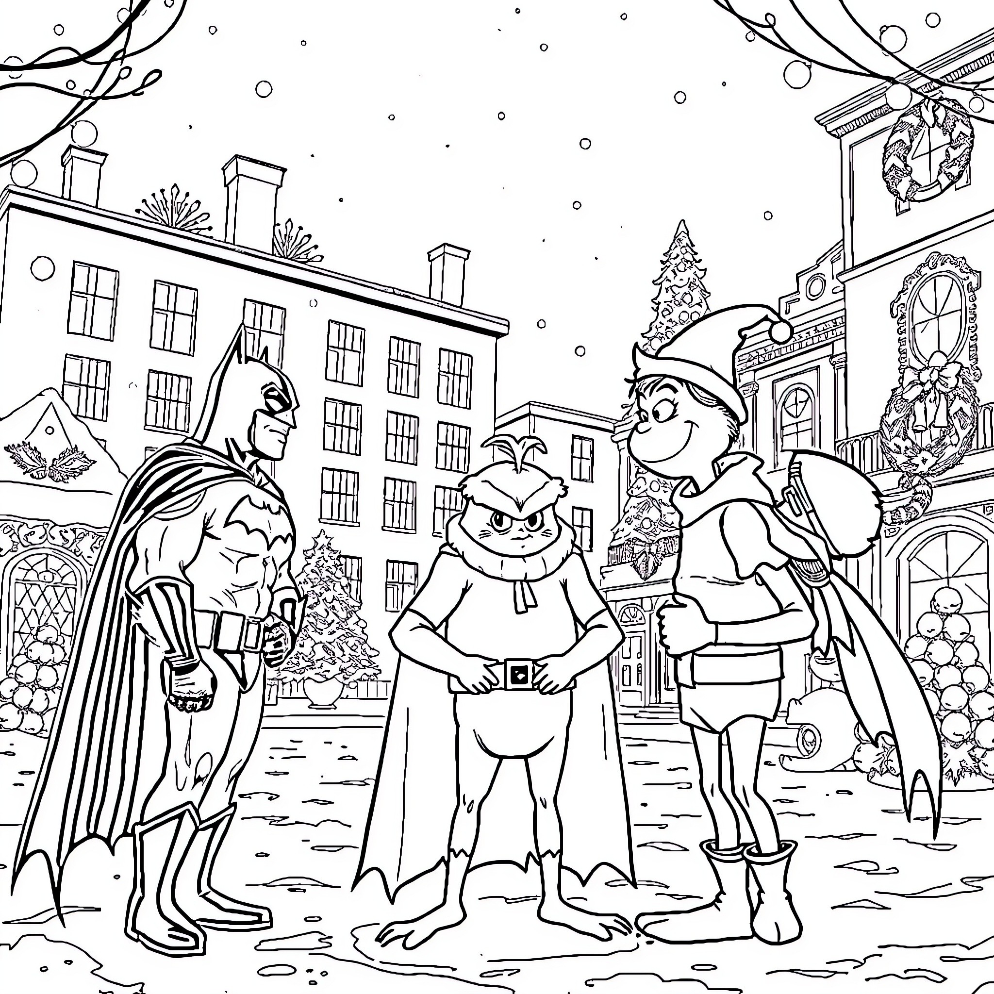 Batman and friends explore a festive winter town Coloring Page (free black-and-white line drawing printable PDF for all, from beginners to advanced learners, including children, teens, adults, and seniors)