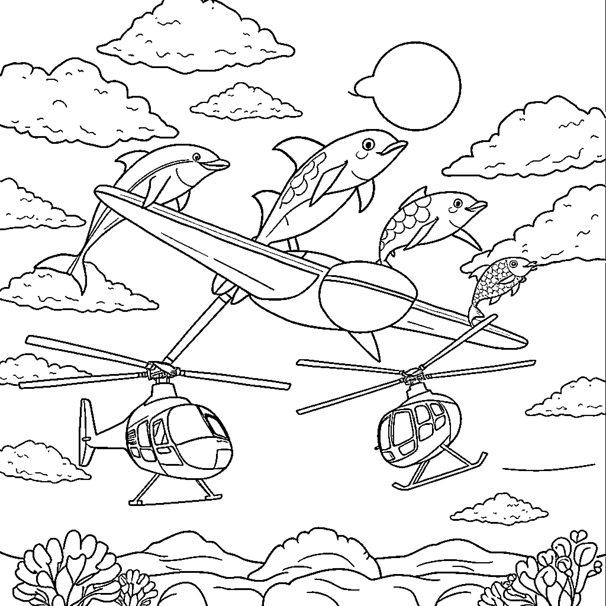 Sea Animals Riding in Helicopters and Airplanes Coloring Page (free black-and-white line drawing printable PDF for all, from beginners to advanced learners, including children, teens, adults, and seniors)