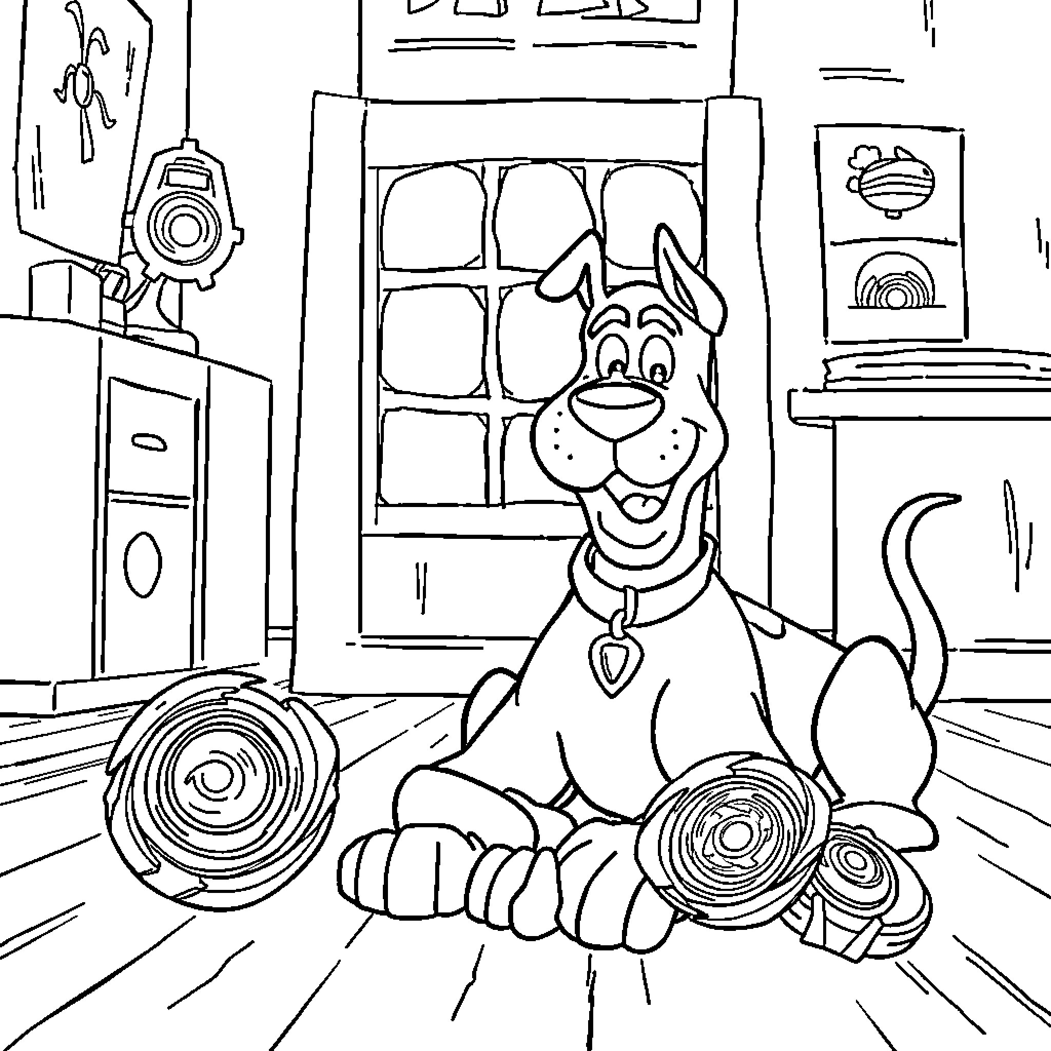 Scooby Doo enjoying the cozy home Coloring Page (free black-and-white line drawing printable PDF for all, from beginners to advanced learners, including children, teens, adults, and seniors)