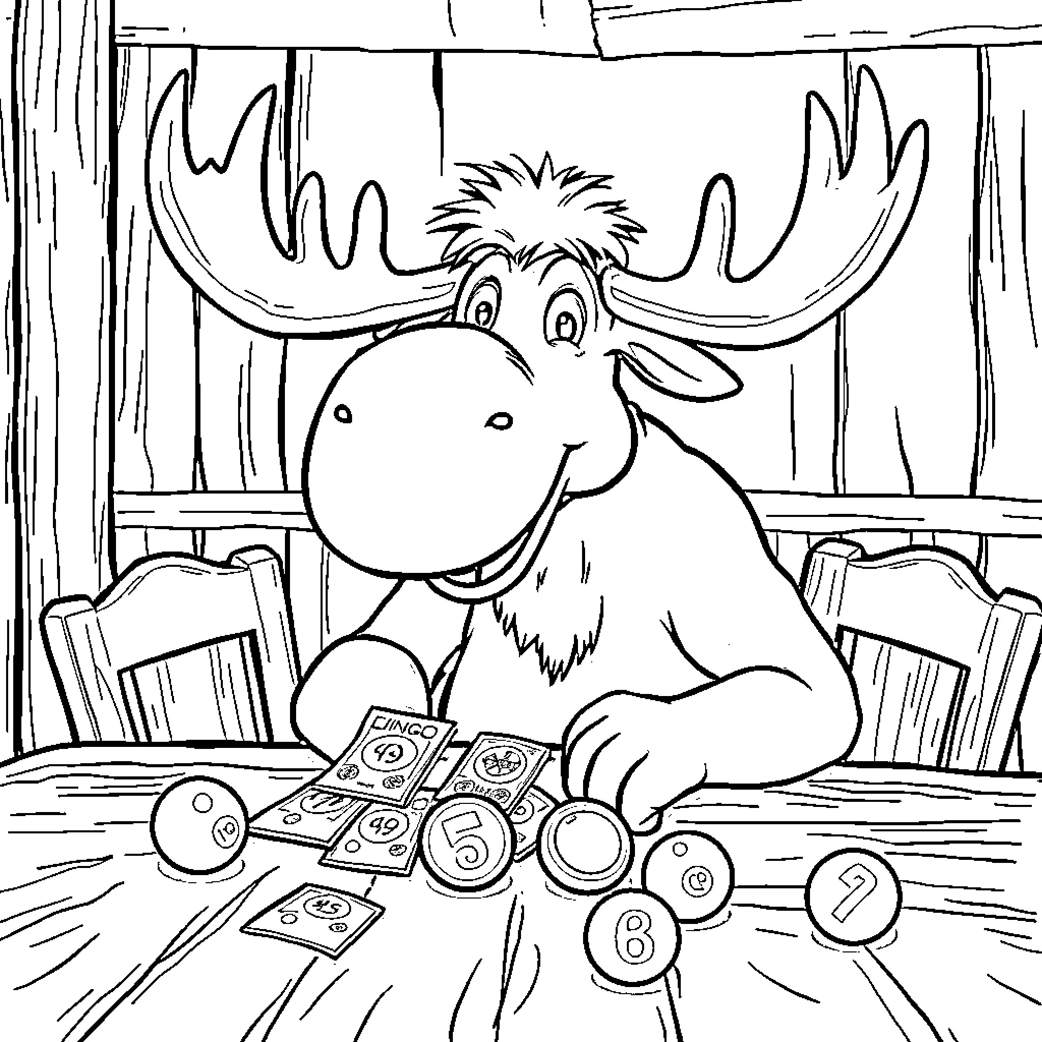 Moose playing with board game in cabin Coloring Page (free black-and-white line drawing printable PDF for all, from beginners to advanced learners, including children, teens, adults, and seniors)