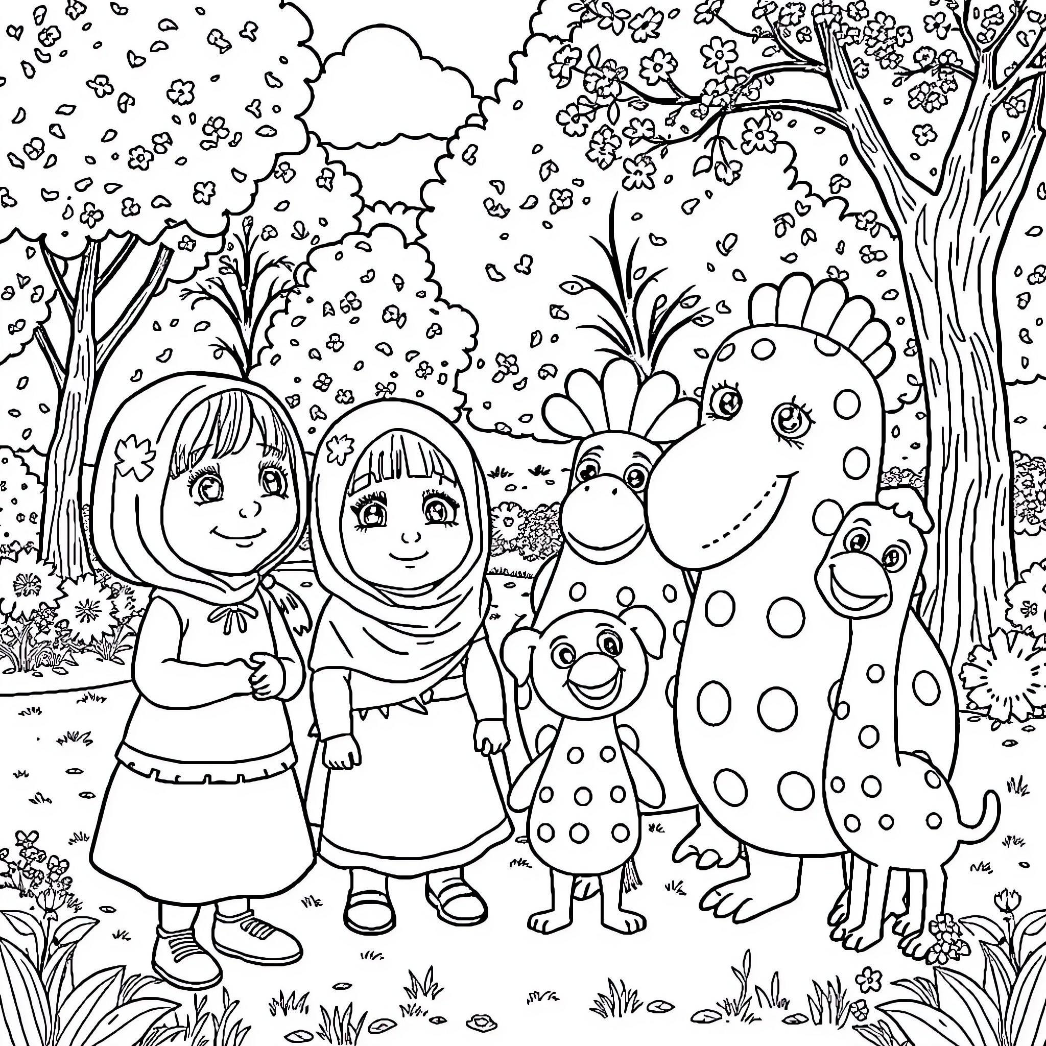 Masha and Friends Explore the Whimsical Forest Coloring Page (free black-and-white line drawing printable PDF for all, from beginners to advanced learners, including children, teens, adults, and seniors)