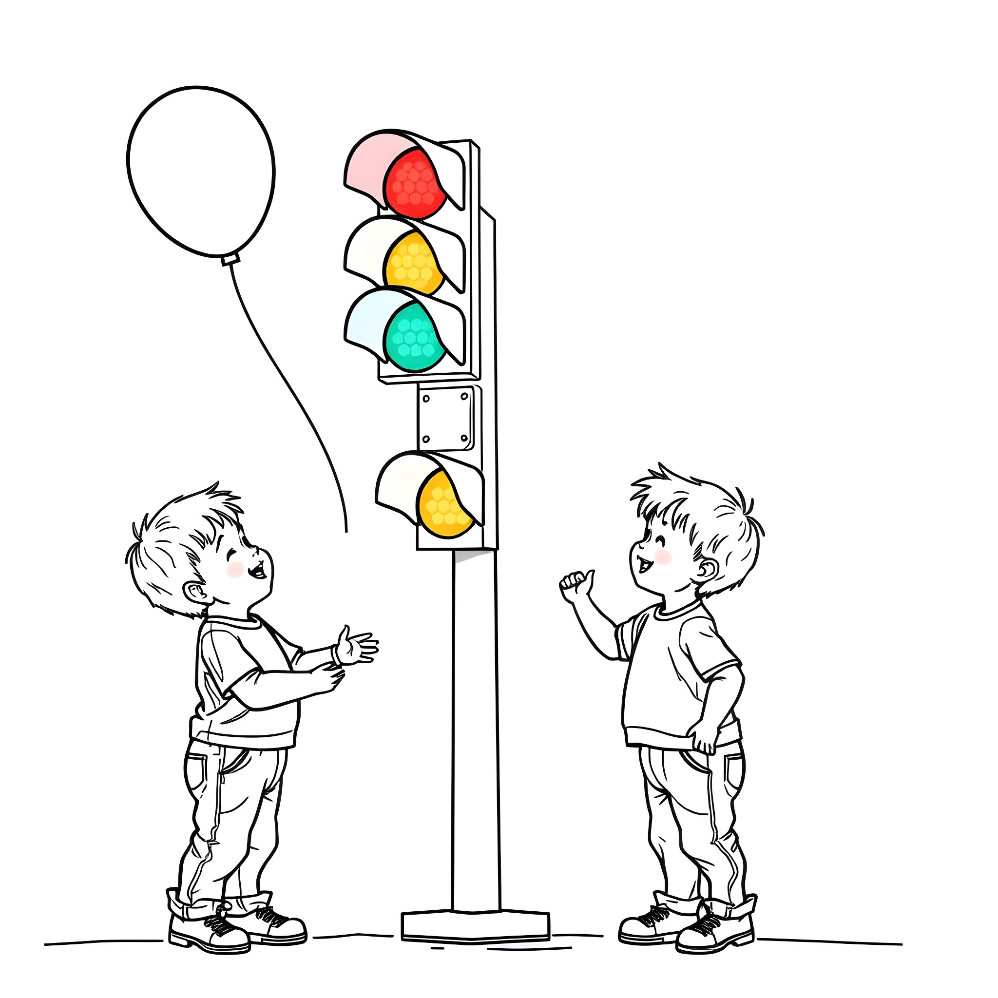 Toddlers playing near traffic lights and balloon Coloring Page (free black-and-white line drawing printable PDF for all, from beginners to advanced learners, including children, teens, adults, and seniors)