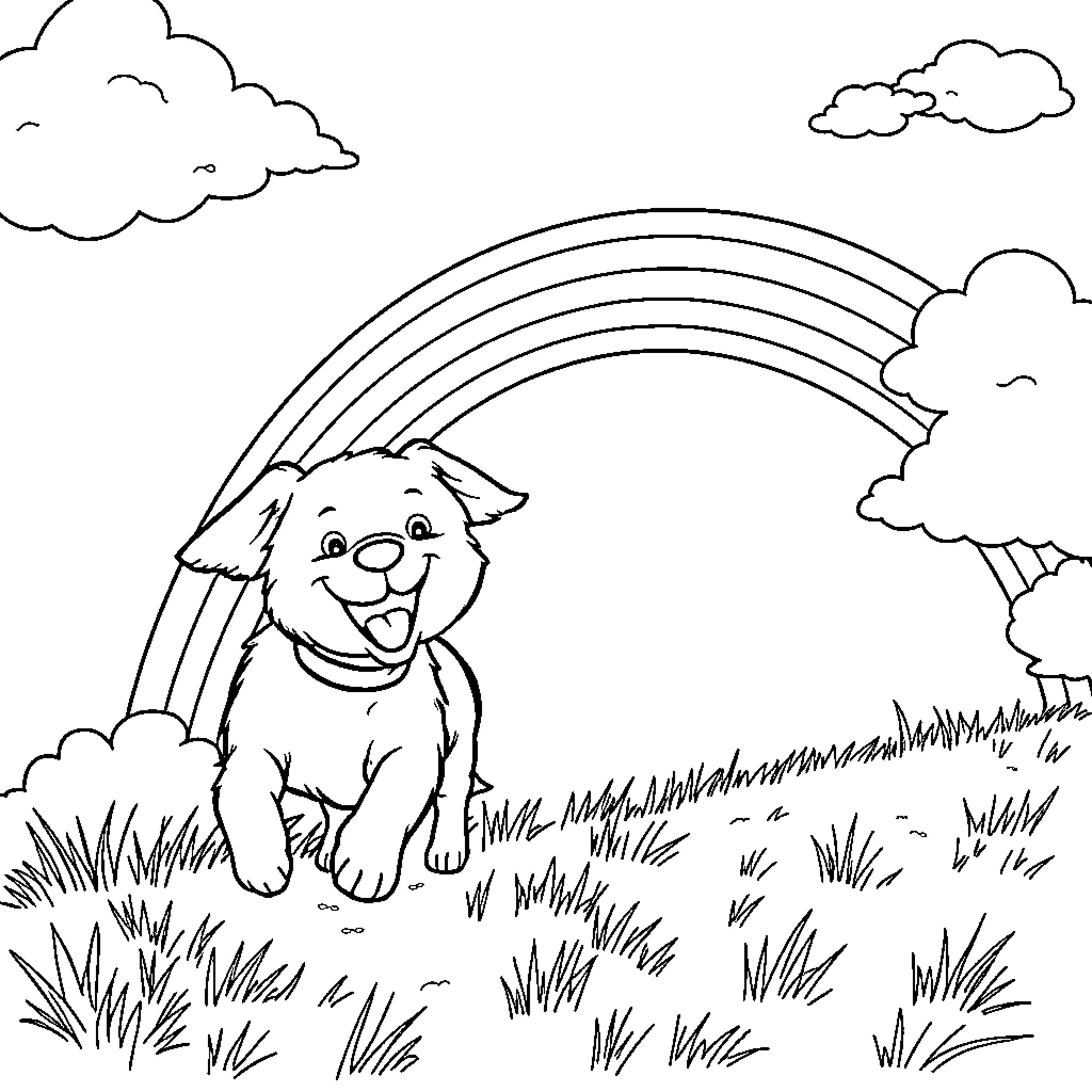 Dog playing joyfully in a grassy field with rainbow Coloring Page (free black-and-white line drawing printable PDF for all, from beginners to advanced learners, including children, teens, adults, and seniors)