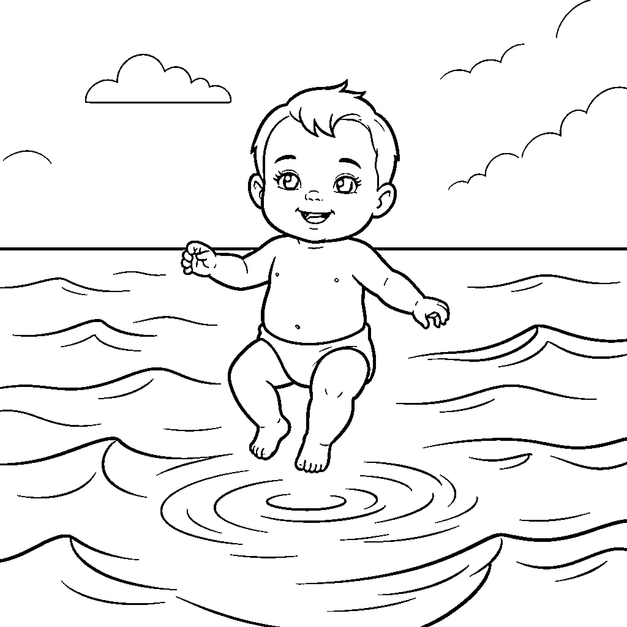 Baby playing joyfully in the ocean waves Coloring Page (free black-and-white line drawing printable PDF for all, from beginners to advanced learners, including children, teens, adults, and seniors)