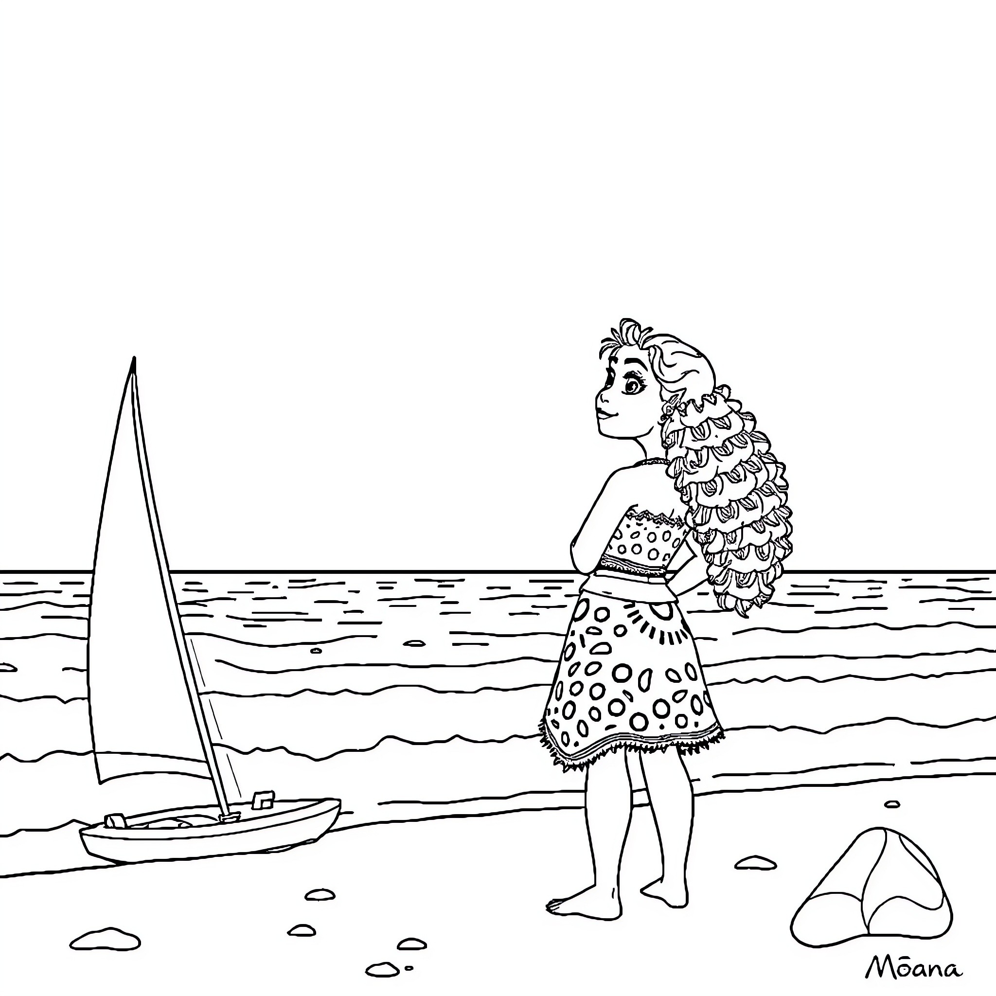 Moana looking out at the ocean with sailboat Coloring Page (free black-and-white line drawing printable PDF for all, from beginners to advanced learners, including children, teens, adults, and seniors)