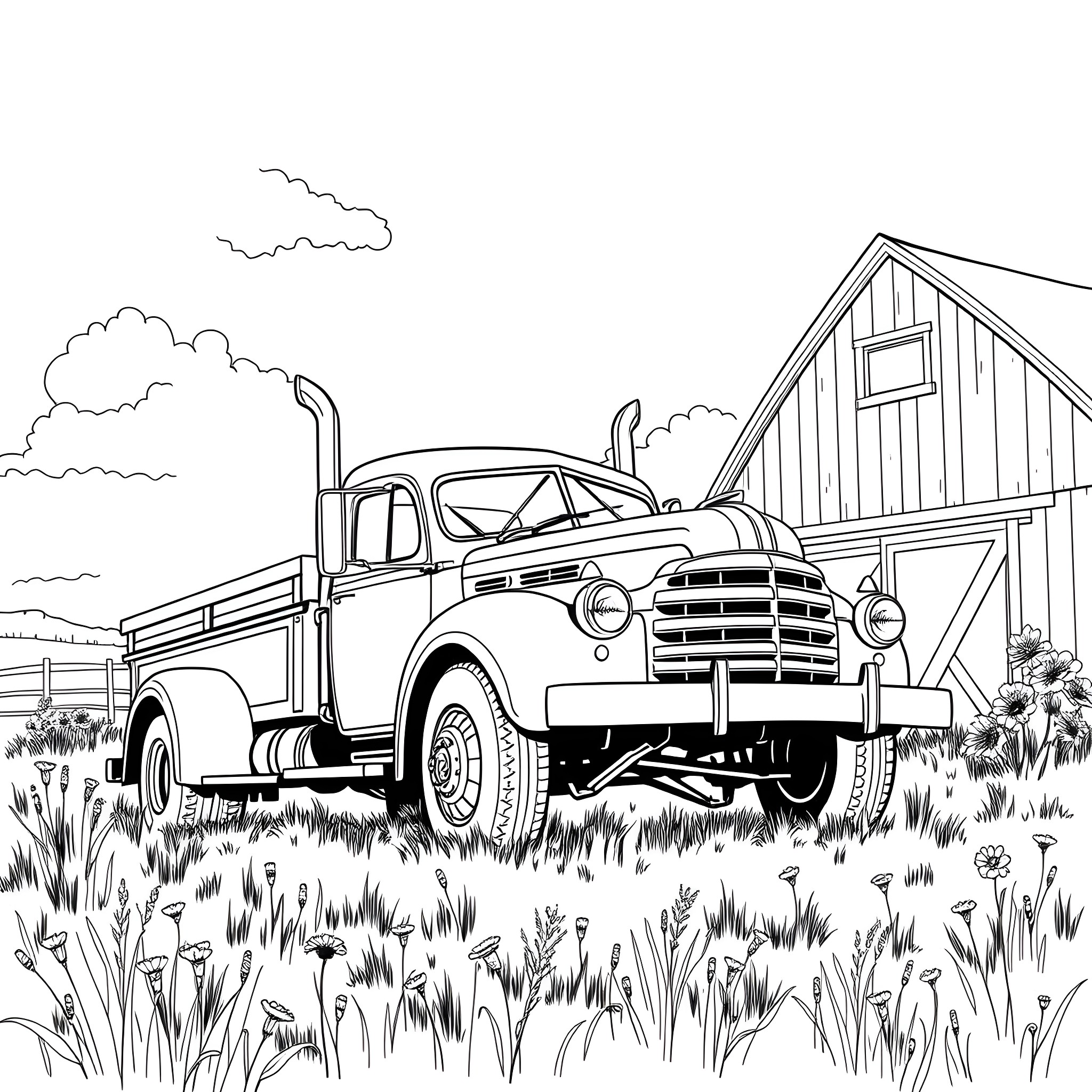 Truck with old barn in countryside landscape Coloring Page (free black-and-white line drawing printable PDF for all, from beginners to advanced learners, including children, teens, adults, and seniors)