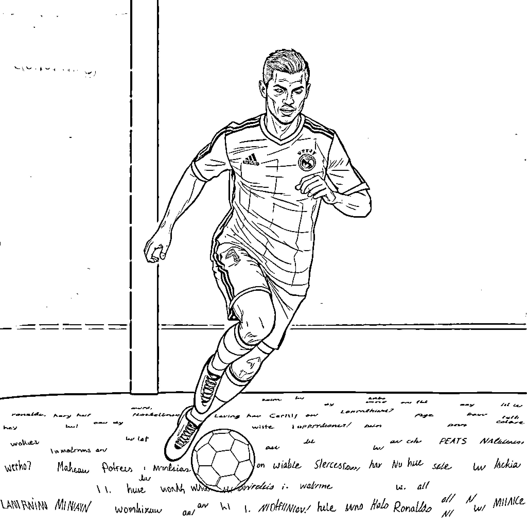 Ronaldo playing soccer with energetic expression Coloring Page (free black-and-white line drawing printable PDF for all, from beginners to advanced learners, including children, teens, adults, and seniors)