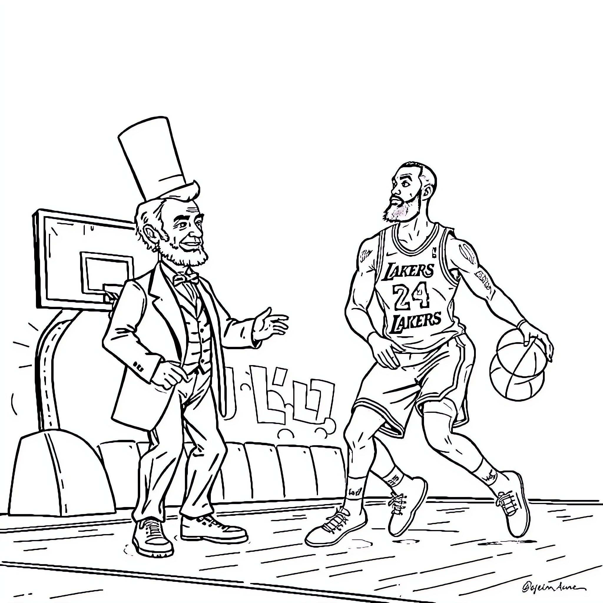 Abraham Lincoln and a Lakers basketball player Coloring Page (free black-and-white line drawing printable PDF for all, from beginners to advanced learners, including children, teens, adults, and seniors)
