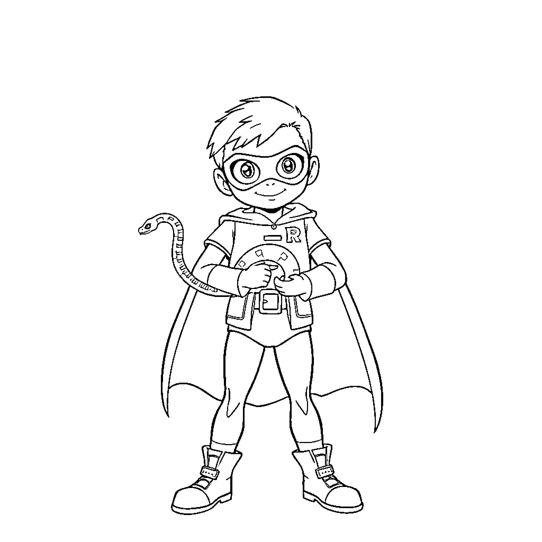 Robin the superhero in action Coloring Page (free black-and-white line drawing printable PDF for all, from beginners to advanced learners, including children, teens, adults, and seniors)