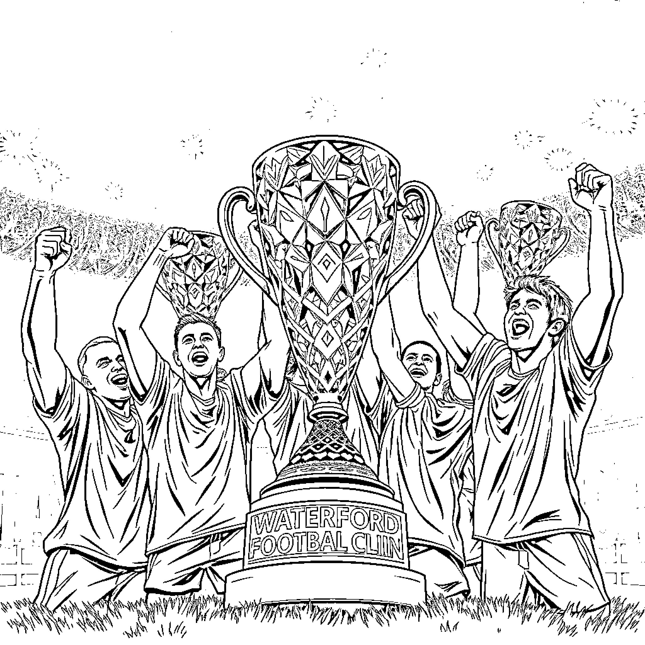 Football Players Celebrating Trophy Victory Coloring Page (free black-and-white line drawing printable PDF for all, from beginners to advanced learners, including children, teens, adults, and seniors)