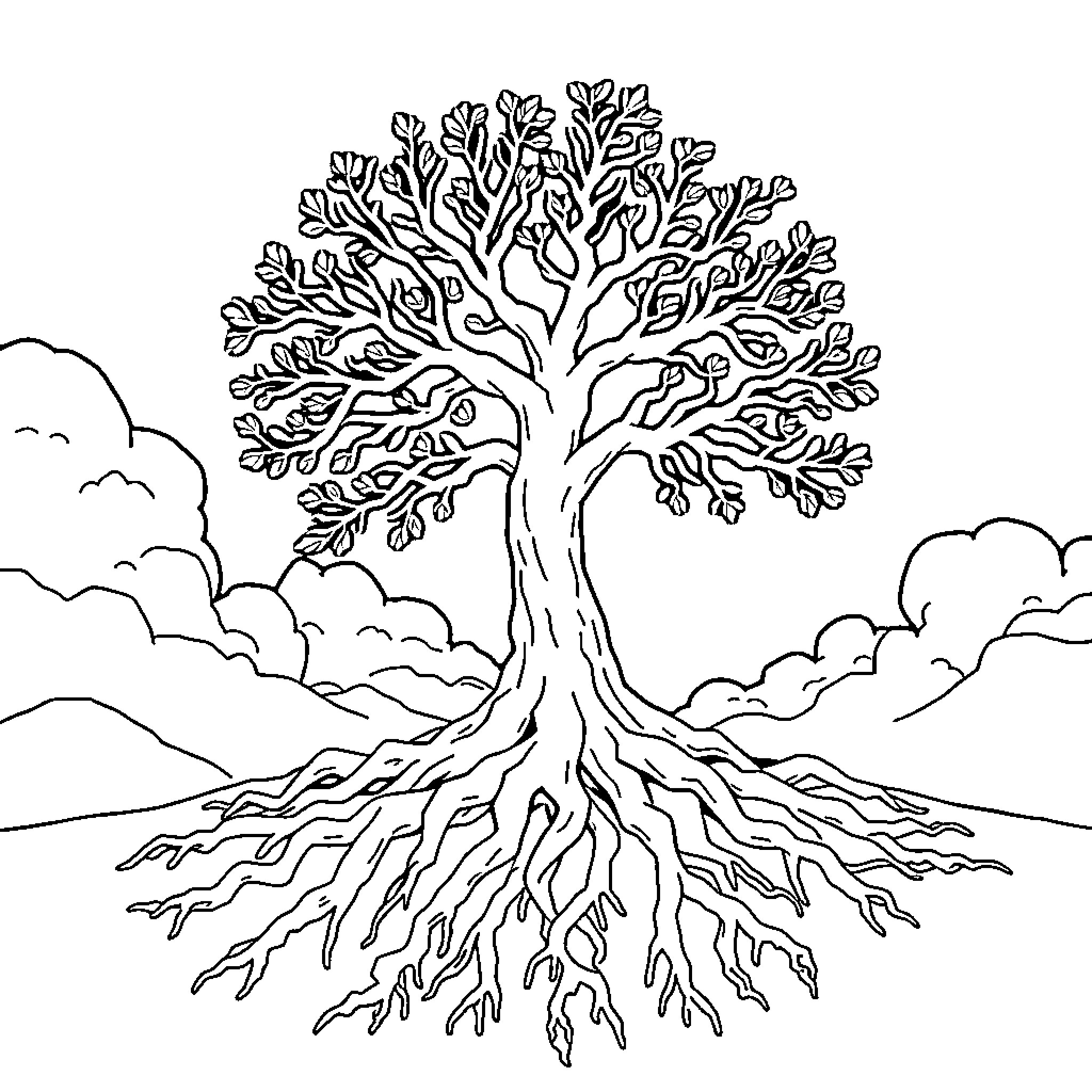 Tree reaching for the sky with deep roots Coloring Page (free black-and-white line drawing printable PDF for all, from beginners to advanced learners, including children, teens, adults, and seniors)