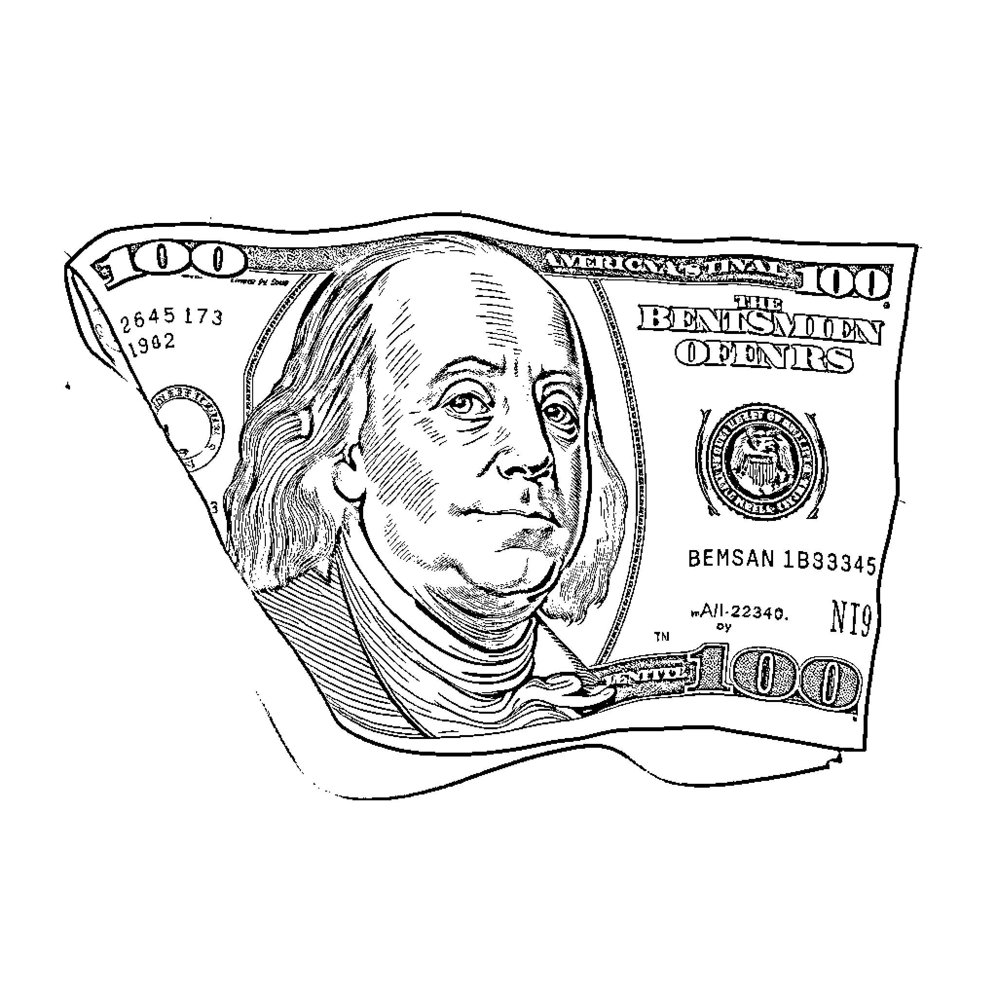 Dollar Bill Close-up with Benjamin Franklin Portrait Coloring Page (free black-and-white line drawing printable PDF for all, from beginners to advanced learners, including children, teens, adults, and seniors)