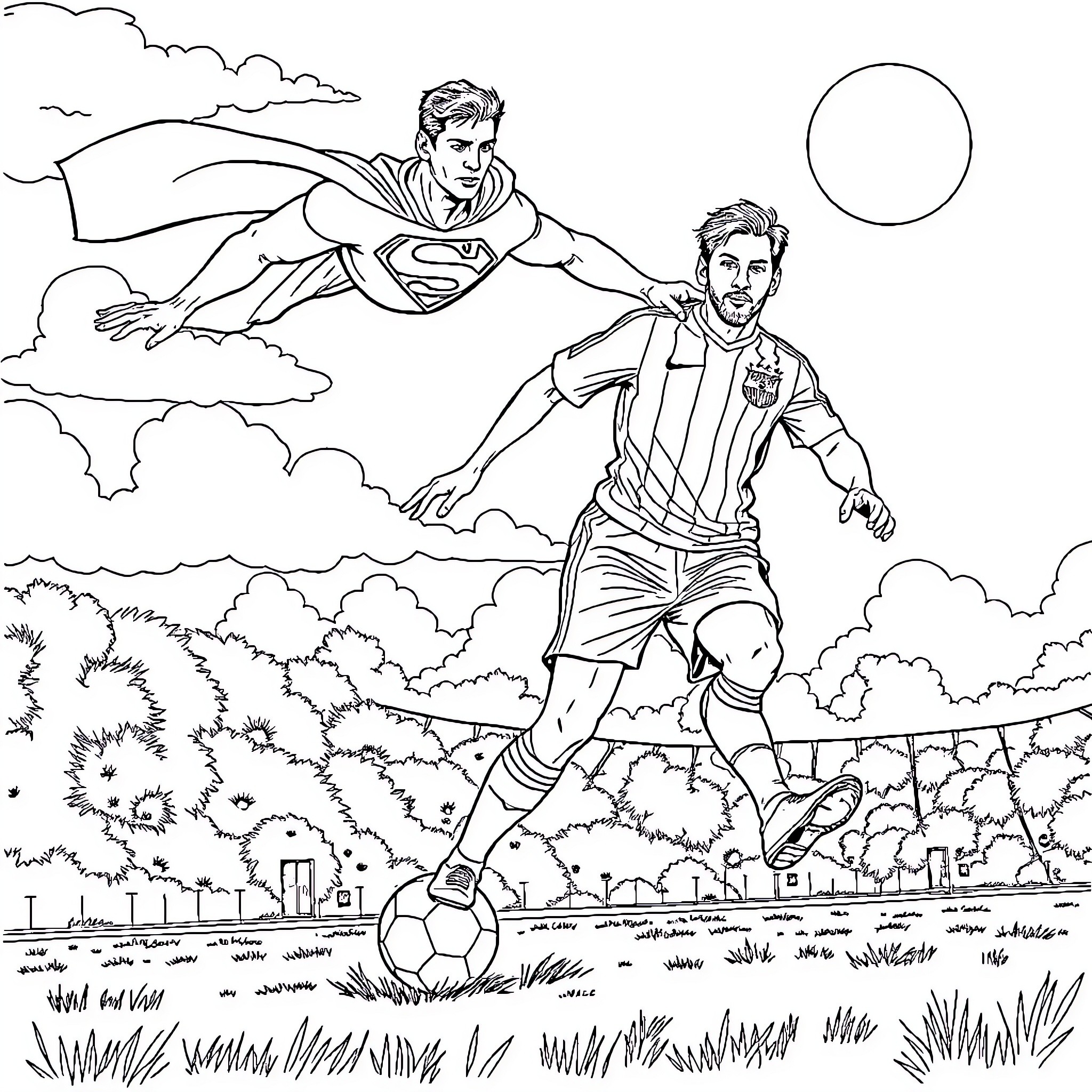 Superman rescuing a soccer player in the field Coloring Page (free black-and-white line drawing printable PDF for all, from beginners to advanced learners, including children, teens, adults, and seniors)