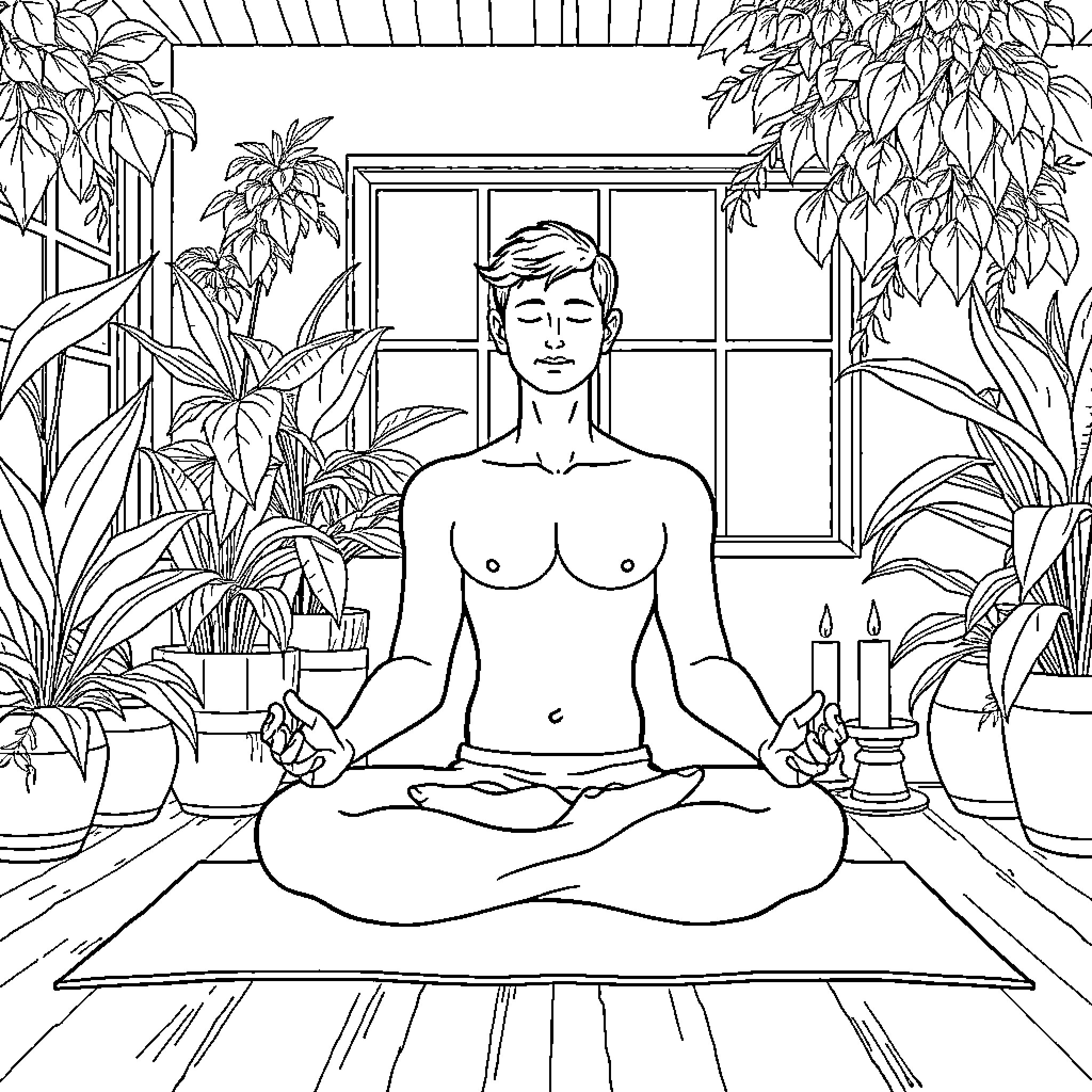 Person meditating in peaceful indoor garden setting Coloring Page (free black-and-white line drawing printable PDF for all, from beginners to advanced learners, including children, teens, adults, and seniors)