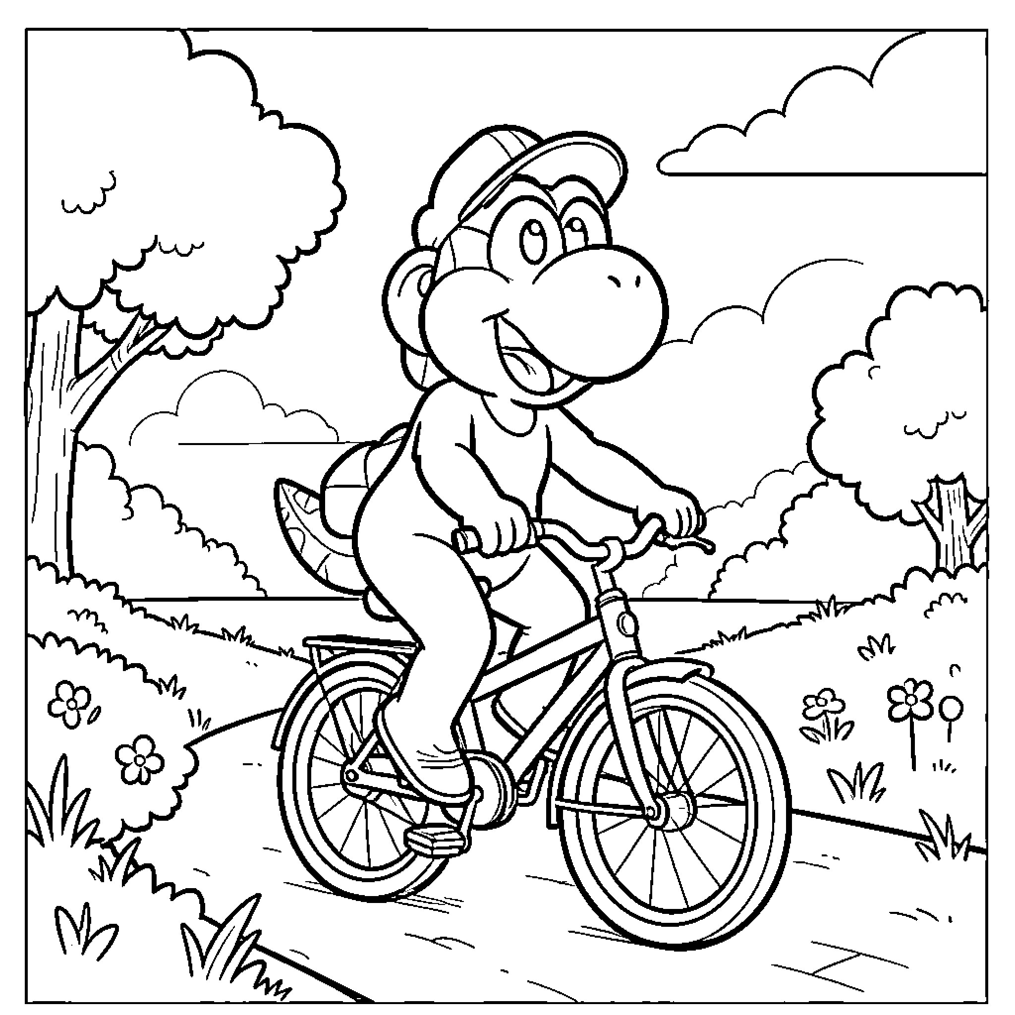 Yoshi riding a bicycle along a path Coloring Page (free black-and-white line drawing printable PDF for all, from beginners to advanced learners, including children, teens, adults, and seniors)