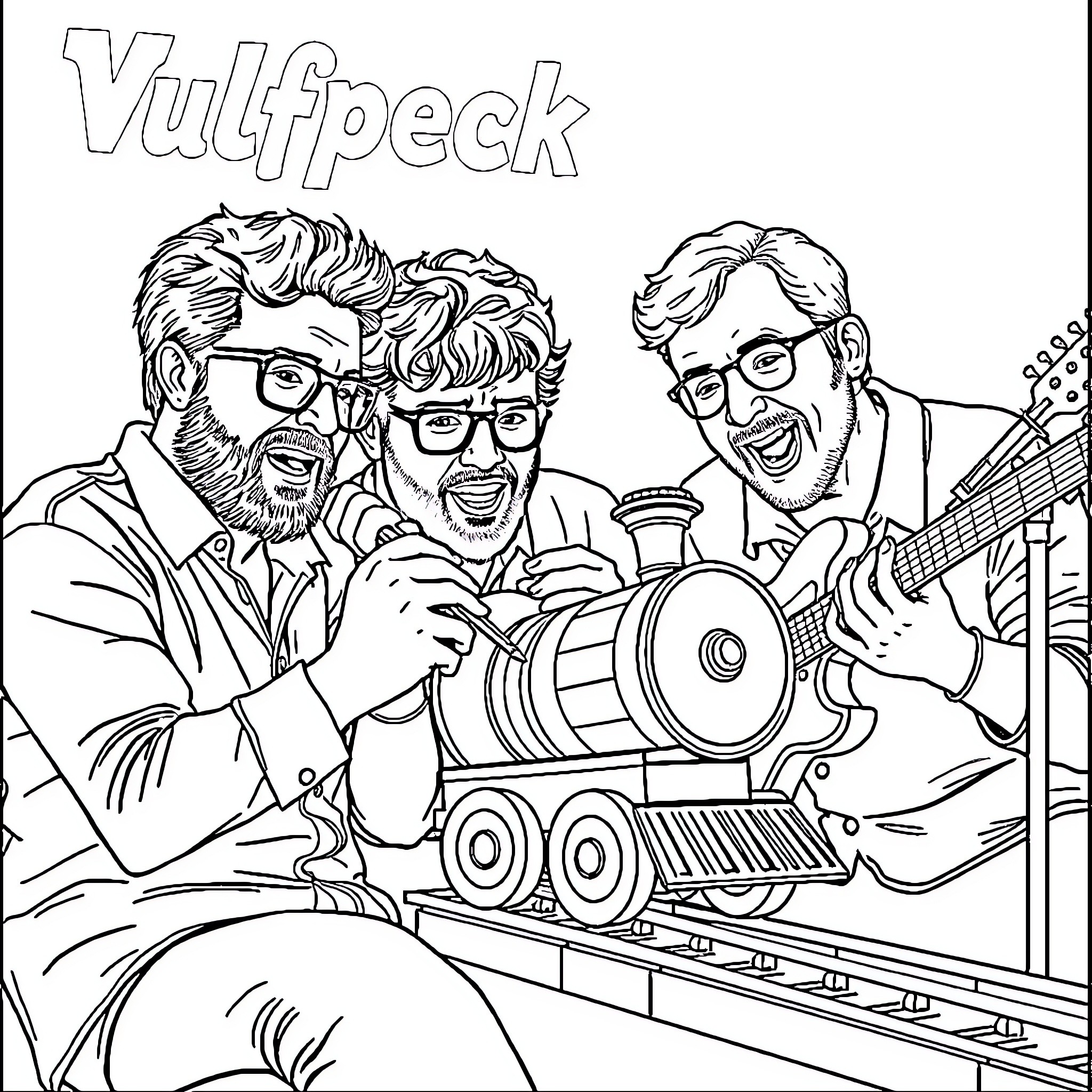 Vulfpeck Musicians Posing with Vintage Equipment Coloring Page (free black-and-white line drawing printable PDF for all, from beginners to advanced learners, including children, teens, adults, and seniors)