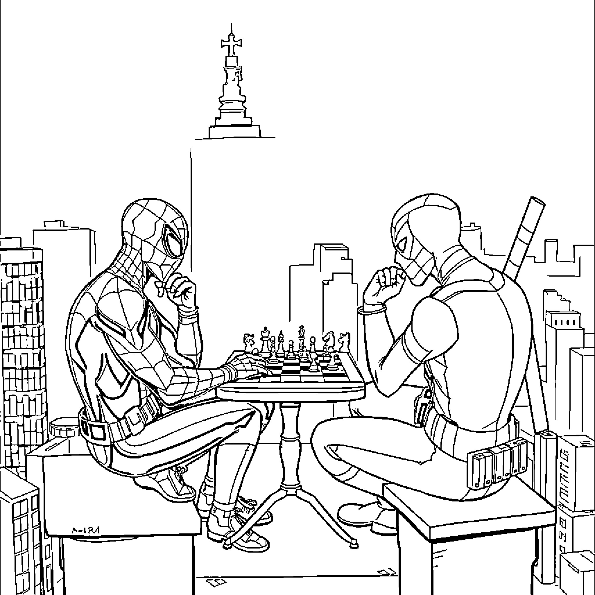 Spiderman plays chess with another superhero Coloring Page (free black-and-white line drawing printable PDF for all, from beginners to advanced learners, including children, teens, adults, and seniors)