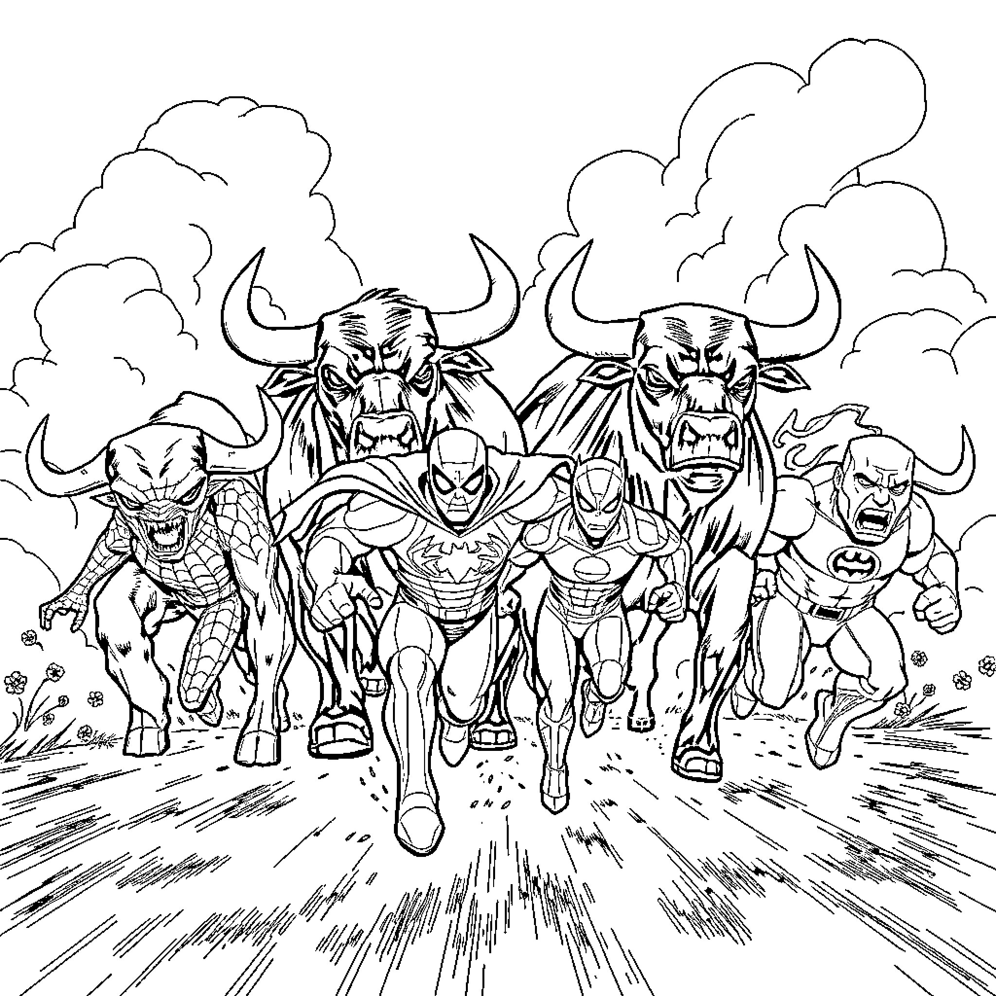 Superhero Team Assembles for Action Coloring Page (free black-and-white line drawing printable PDF for all, from beginners to advanced learners, including children, teens, adults, and seniors)