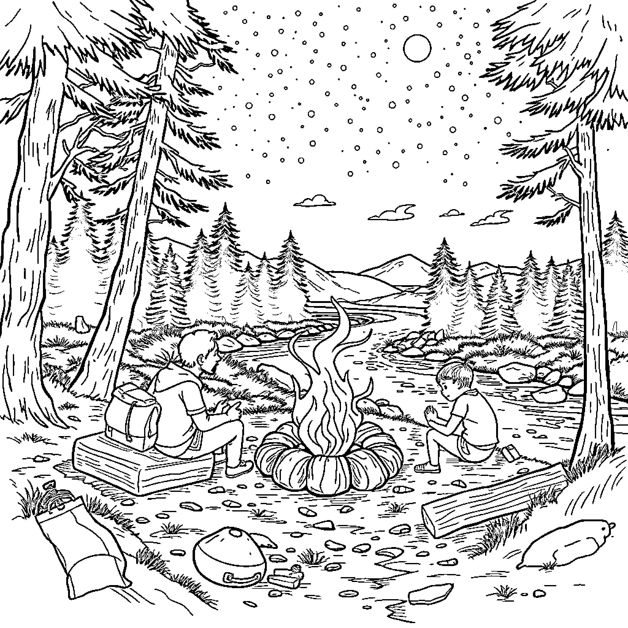 Family enjoying a cozy winter camping trip Coloring Page (free black-and-white line drawing printable PDF for all, from beginners to advanced learners, including children, teens, adults, and seniors)
