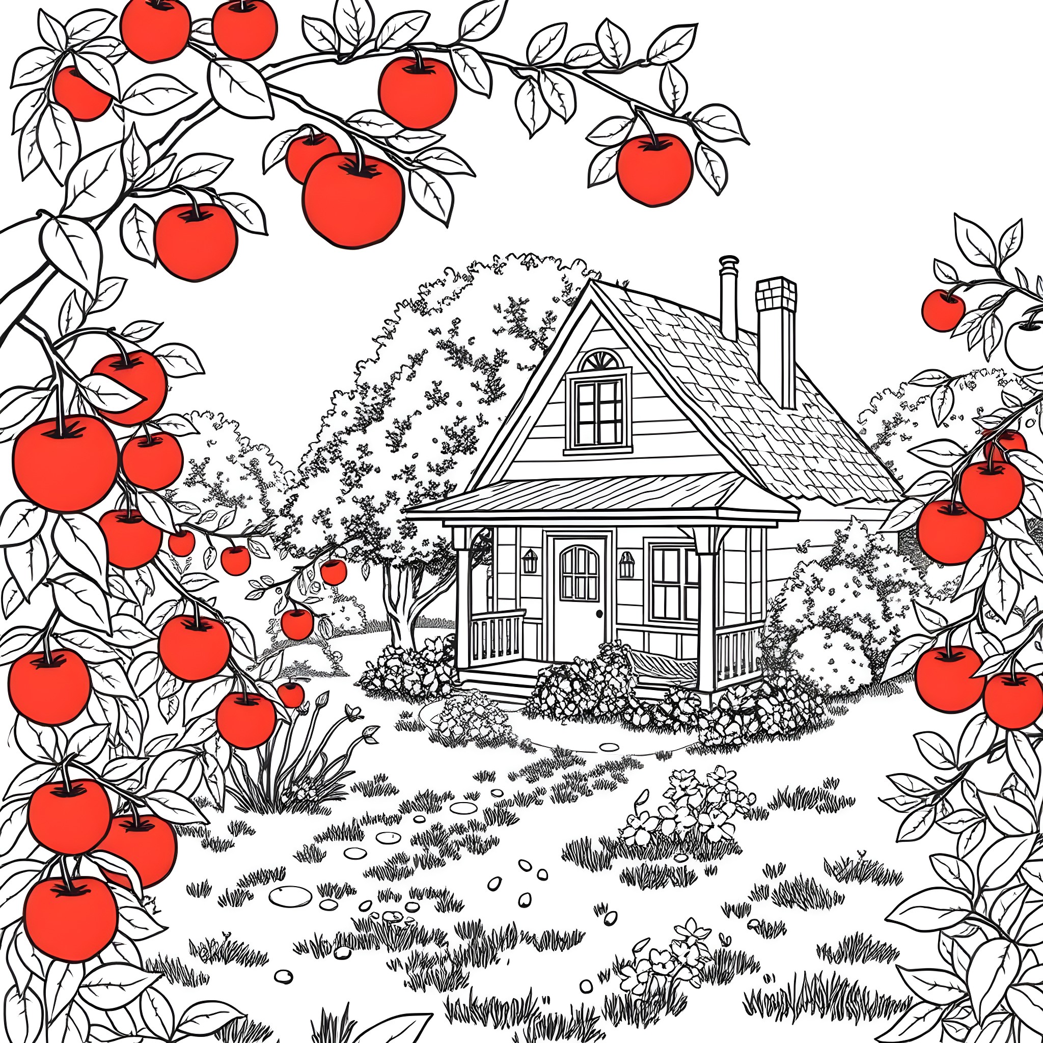Apple Orchard with Charming Cottage Coloring Page (free black-and-white line drawing printable PDF for all, from beginners to advanced learners, including children, teens, adults, and seniors)