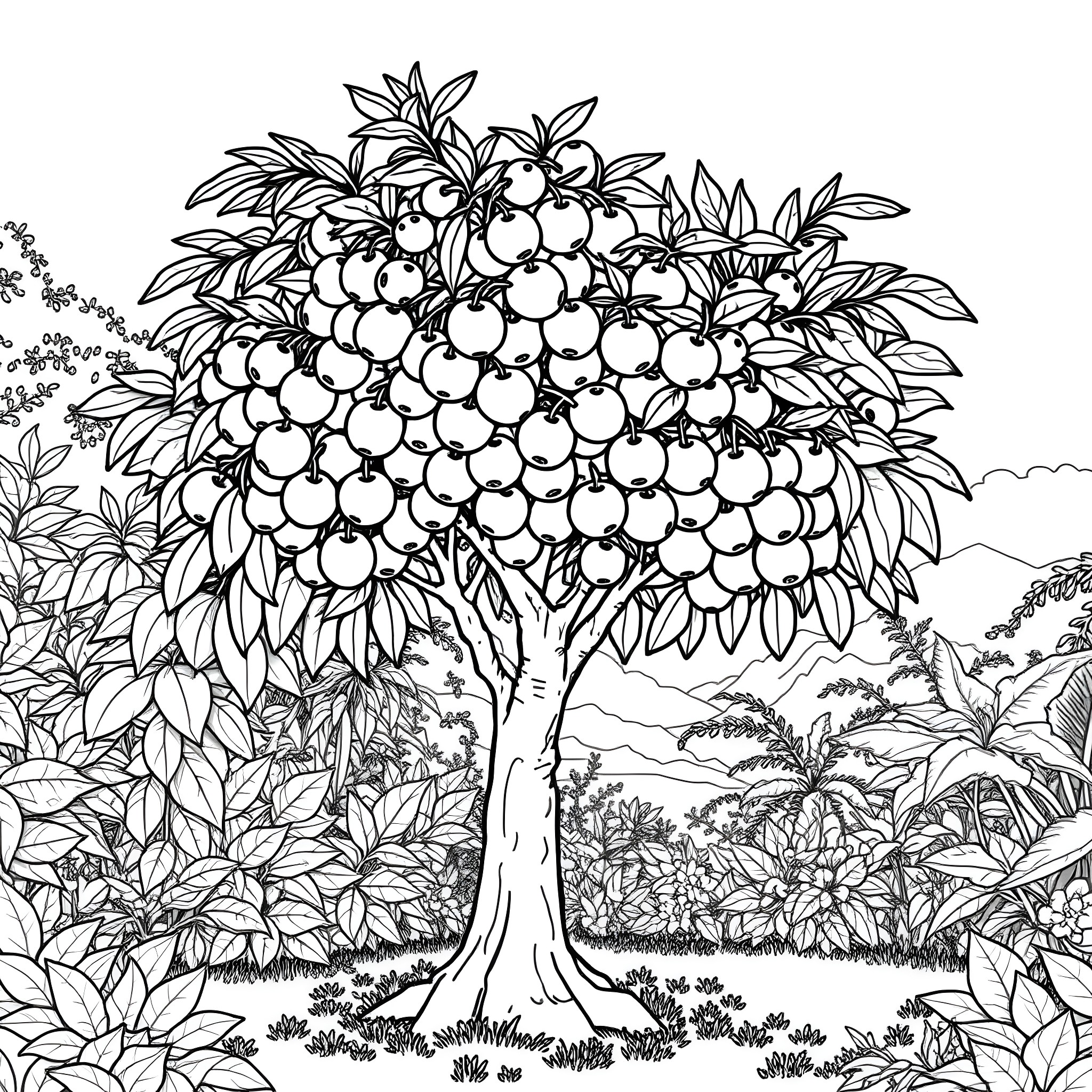 Acerola tree bearing fruit in lush tropical landscape Coloring Page (free black-and-white line drawing printable PDF for all, from beginners to advanced learners, including children, teens, adults, and seniors)