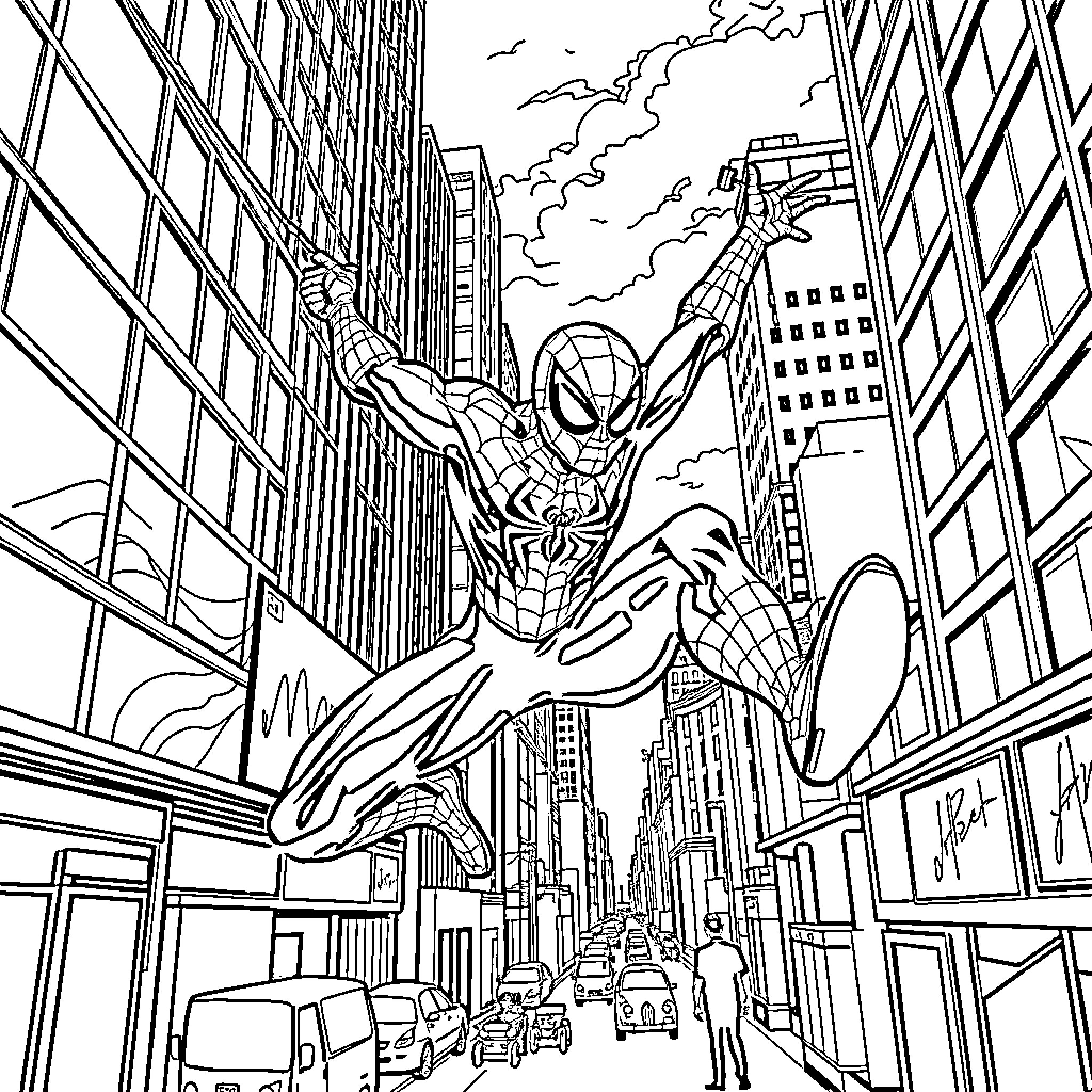 Spiderman swinging through the city skyline Coloring Page (free black-and-white line drawing printable PDF for all, from beginners to advanced learners, including children, teens, adults, and seniors)