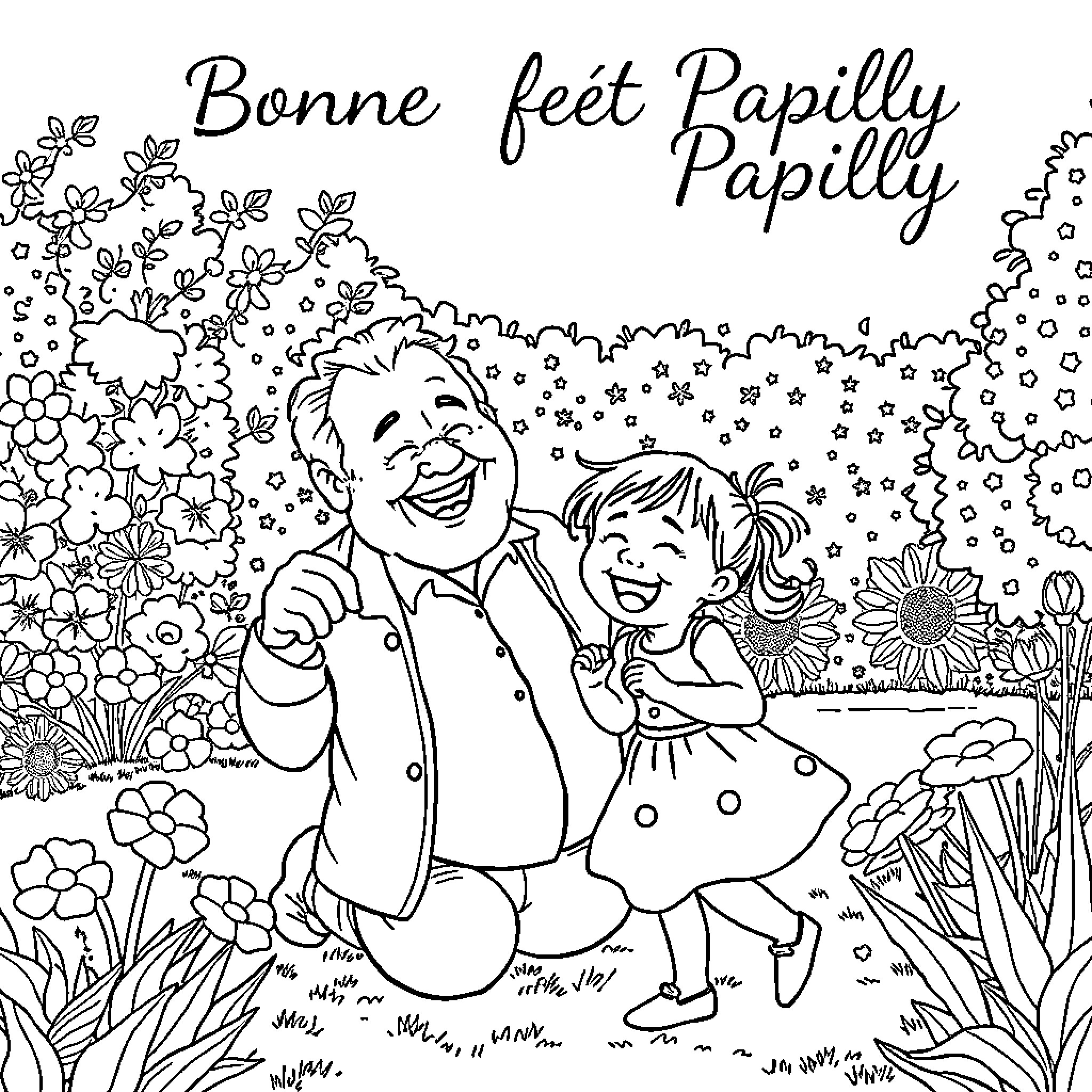 Grandfather playing with grandchild in a flower garden Coloring Page (free black-and-white line drawing printable PDF for all, from beginners to advanced learners, including children, teens, adults, and seniors)