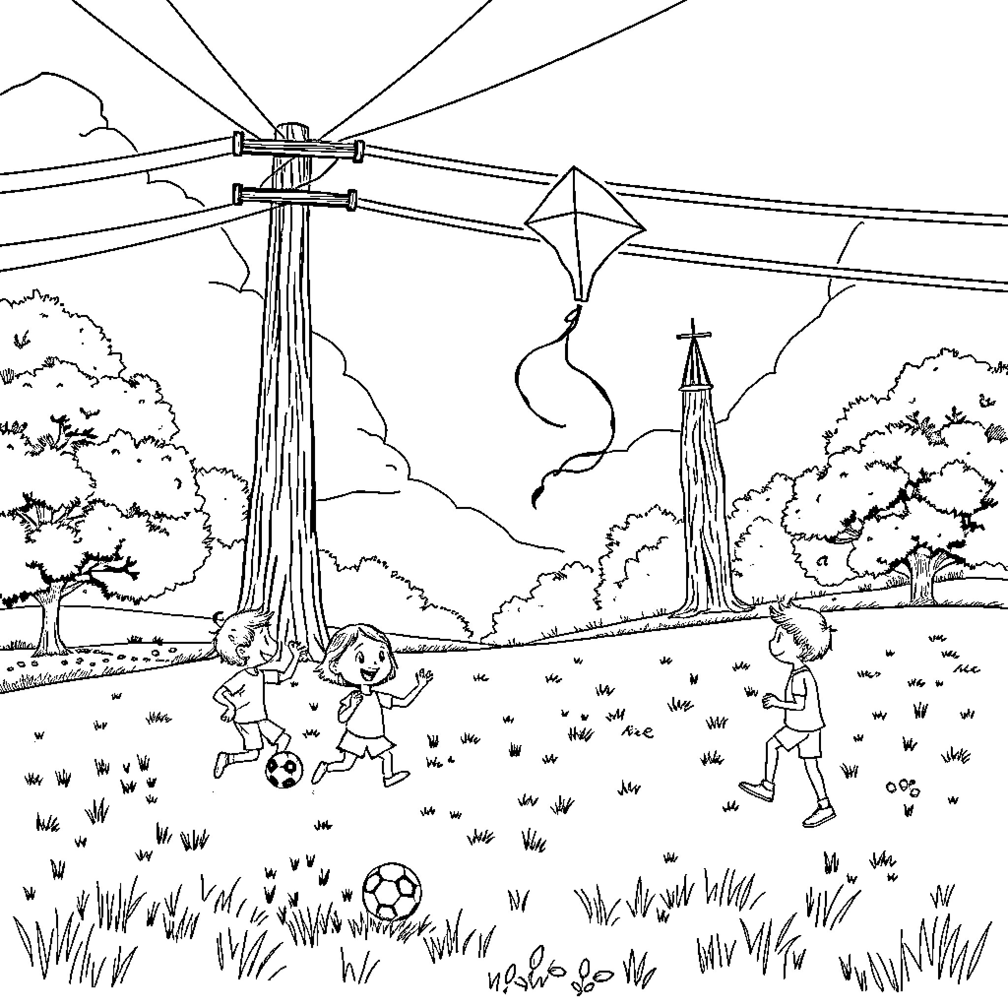 Kid playing with kite and ball in grassy field Coloring Page (free black-and-white line drawing printable PDF for all, from beginners to advanced learners, including children, teens, adults, and seniors)