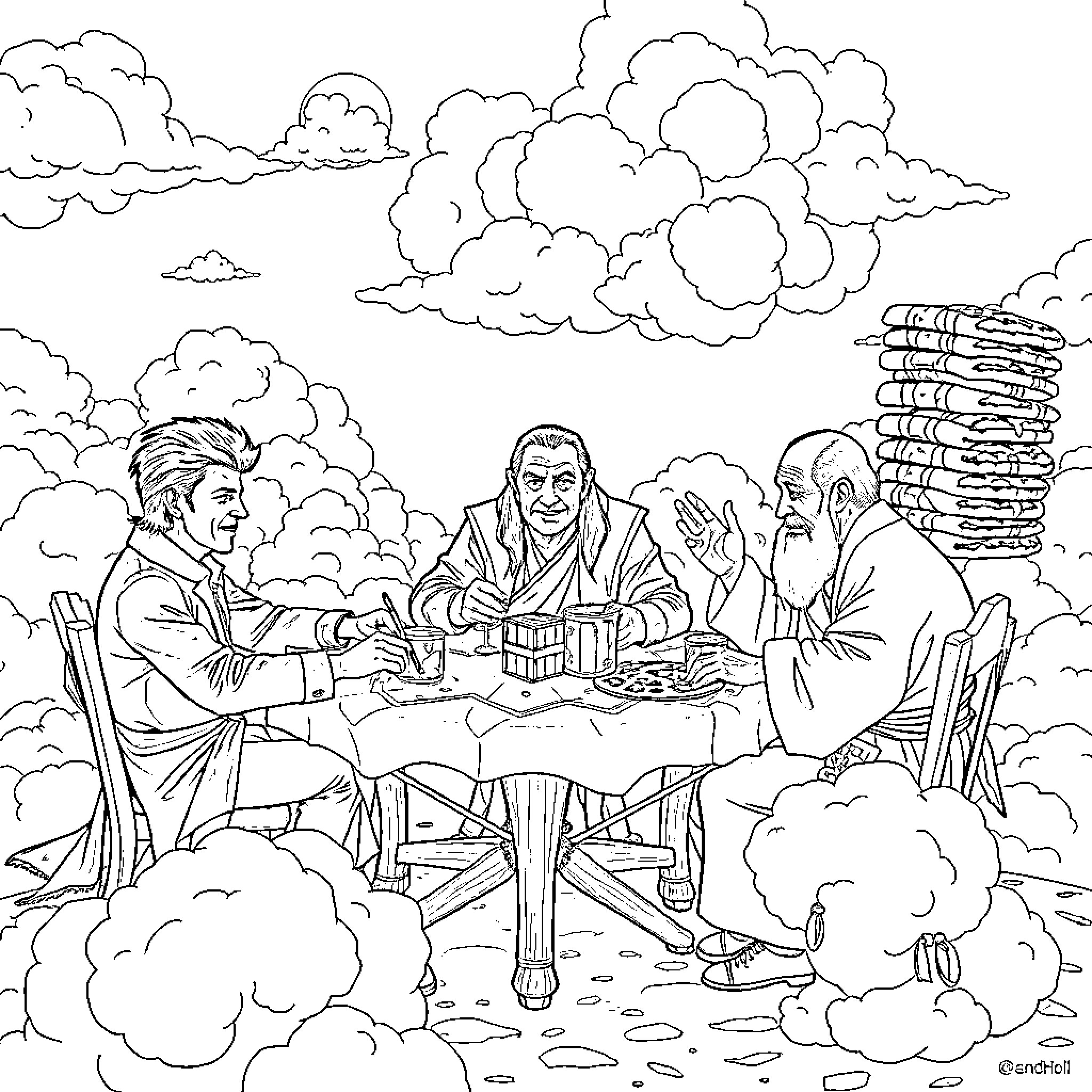 David Bowie's Surreal Gathering in the Clouds Coloring Page (free black-and-white line drawing printable PDF for all, from beginners to advanced learners, including children, teens, adults, and seniors)