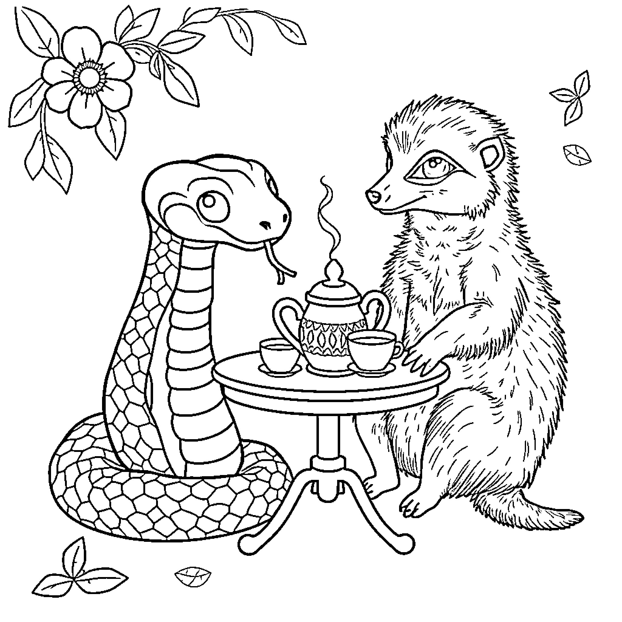 Snake and Meerkat Enjoying Tea Time Together Coloring Page (free black-and-white line drawing printable PDF for all, from beginners to advanced learners, including children, teens, adults, and seniors)