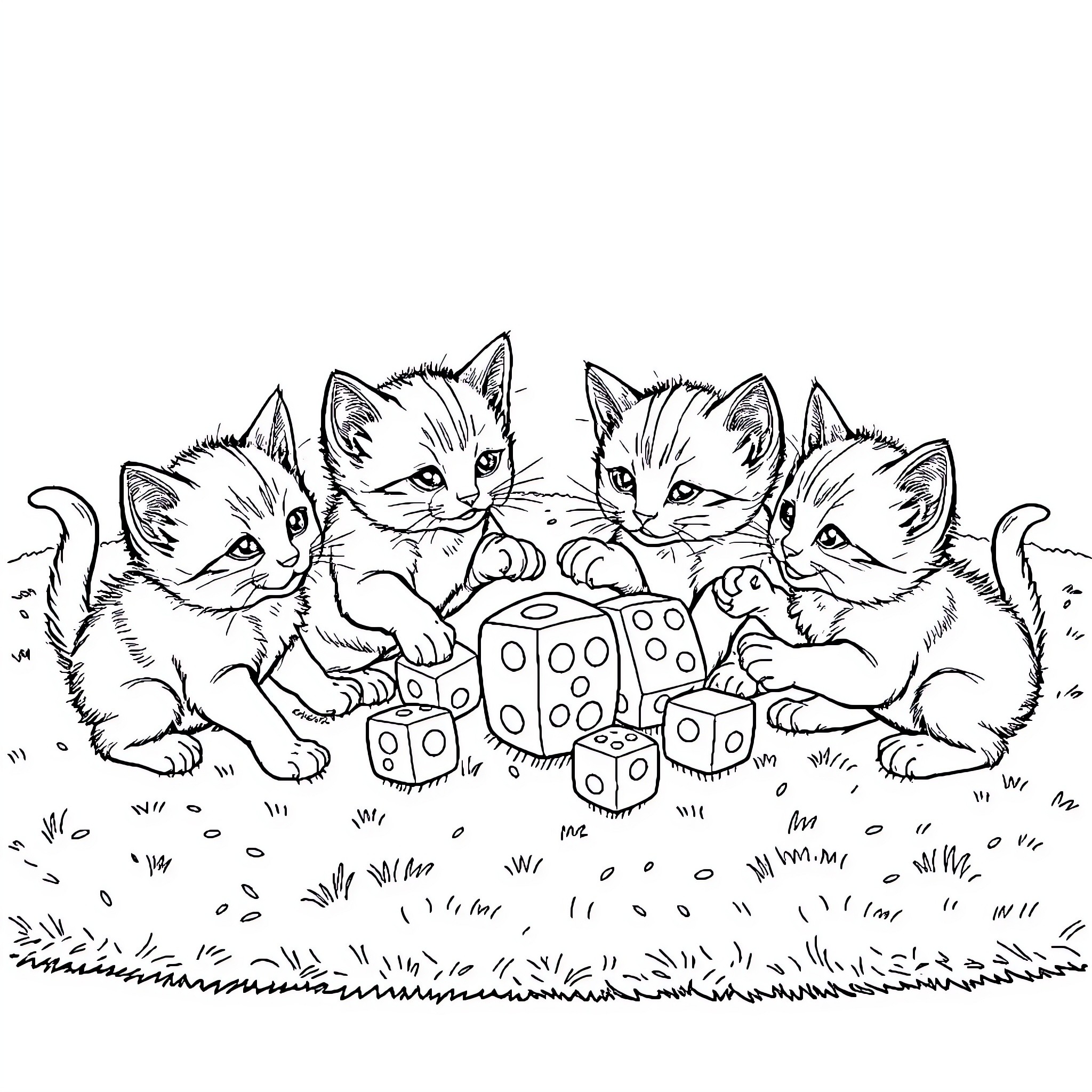 Kitten kittens playing with dice in field Coloring Page (free black-and-white line drawing printable PDF for all, from beginners to advanced learners, including children, teens, adults, and seniors)