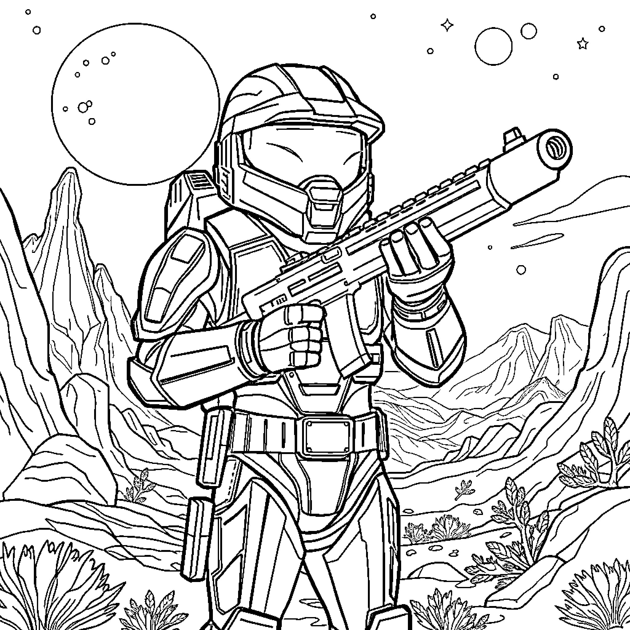 Spartan Warrior in Futuristic Alien Landscape Coloring Page (free black-and-white line drawing printable PDF for all, from beginners to advanced learners, including children, teens, adults, and seniors)
