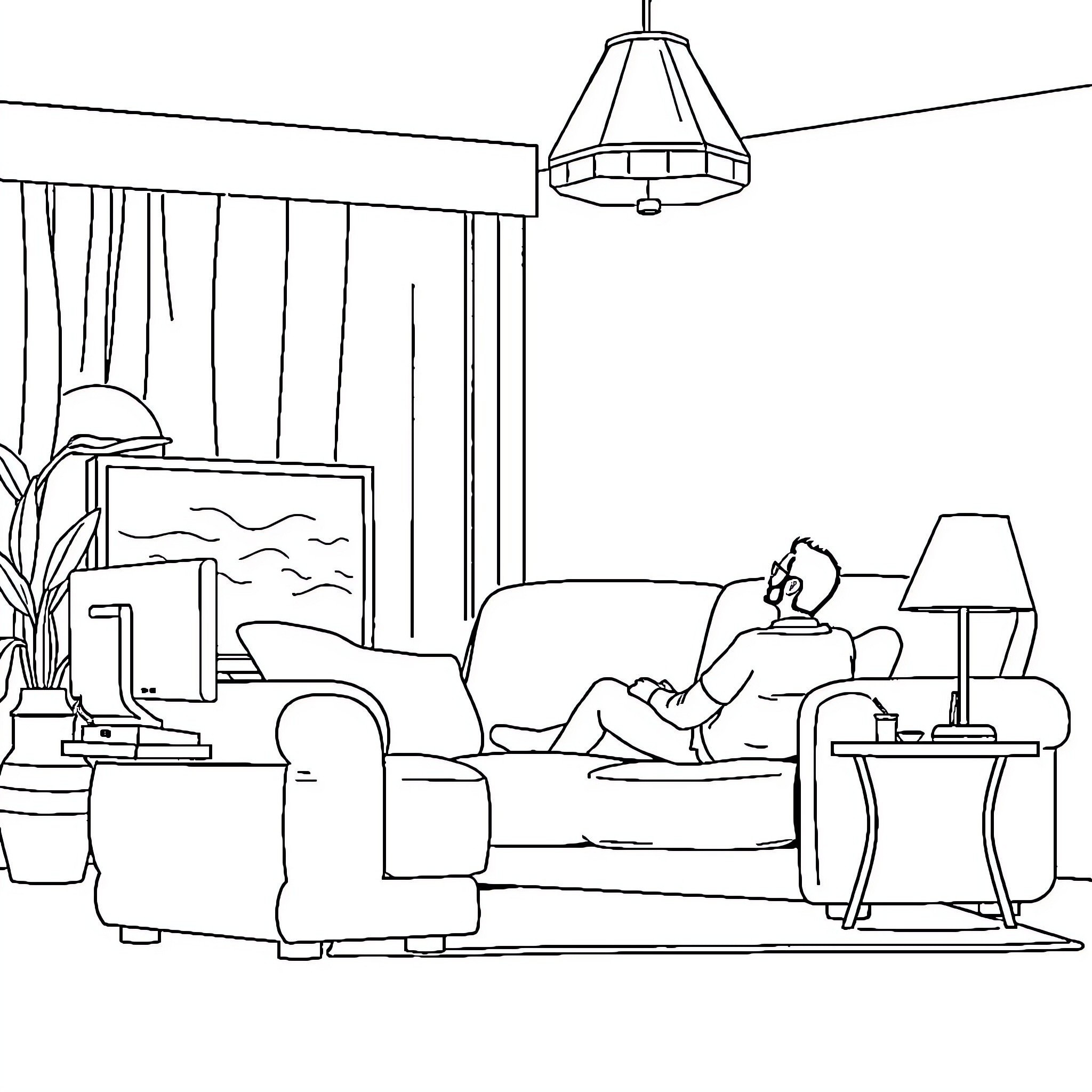 Person relaxing comfortably in a cozy home setting Coloring Page (free black-and-white line drawing printable PDF for all, from beginners to advanced learners, including children, teens, adults, and seniors)