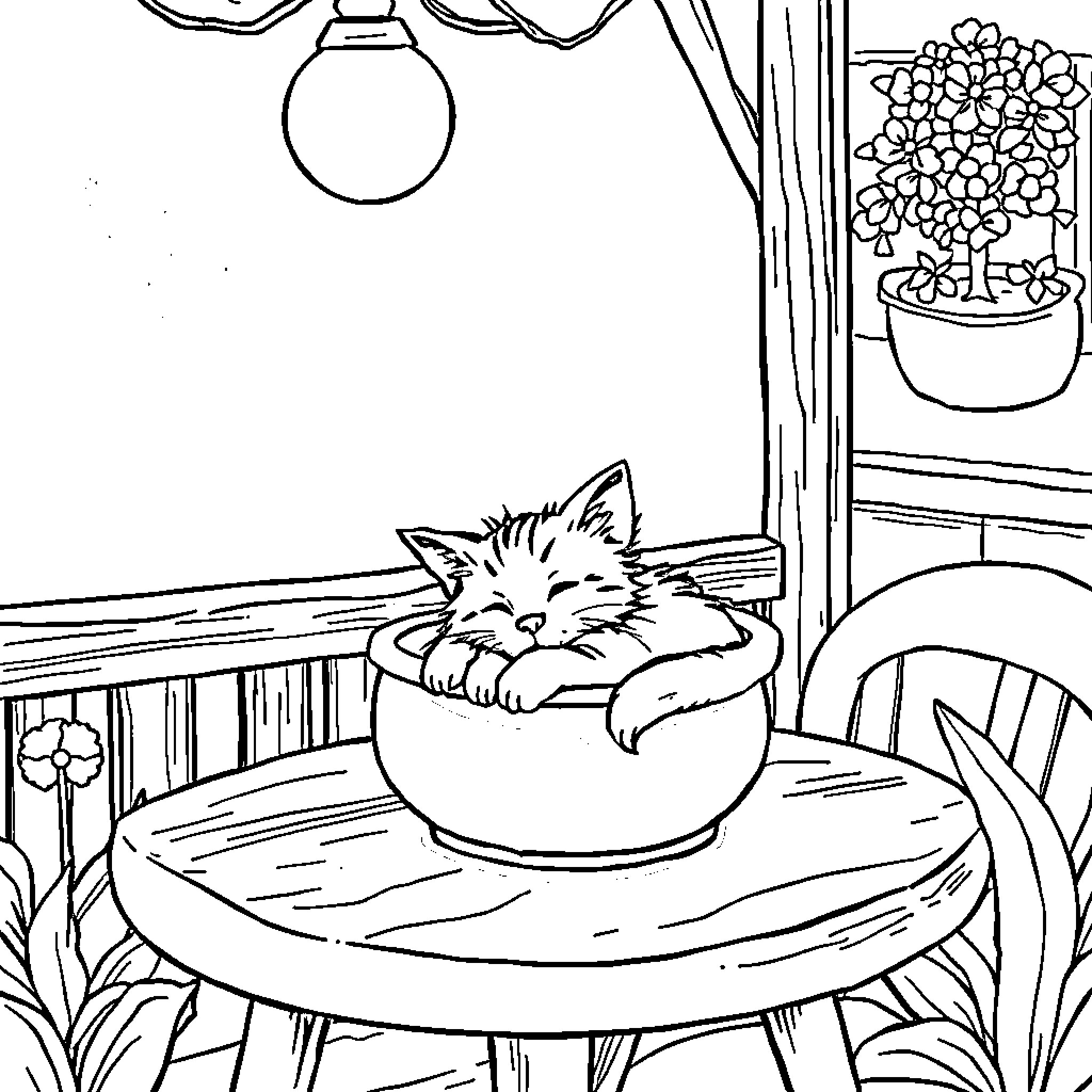 Chat with a cozy cat in a charming setting Coloring Page (free black-and-white line drawing printable PDF for all, from beginners to advanced learners, including children, teens, adults, and seniors)