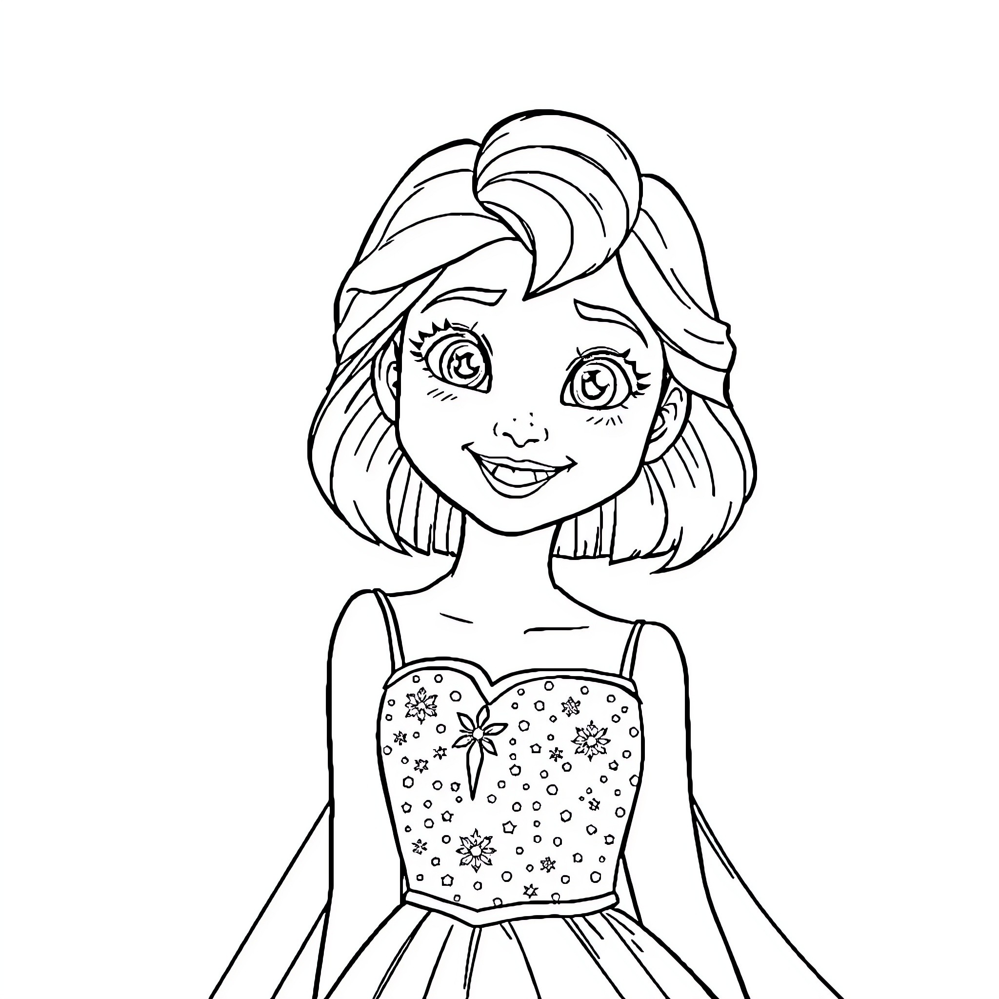 Princess Cheerfully Gazing with Floral Dress Coloring Page (free black-and-white line drawing printable PDF for all, from beginners to advanced learners, including children, teens, adults, and seniors)