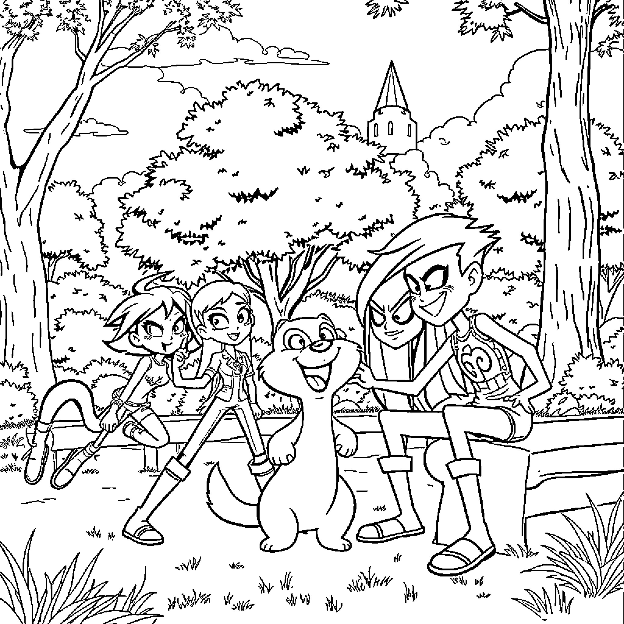Teen Titans enjoying nature adventure Coloring Page (free black-and-white line drawing printable PDF for all, from beginners to advanced learners, including children, teens, adults, and seniors)