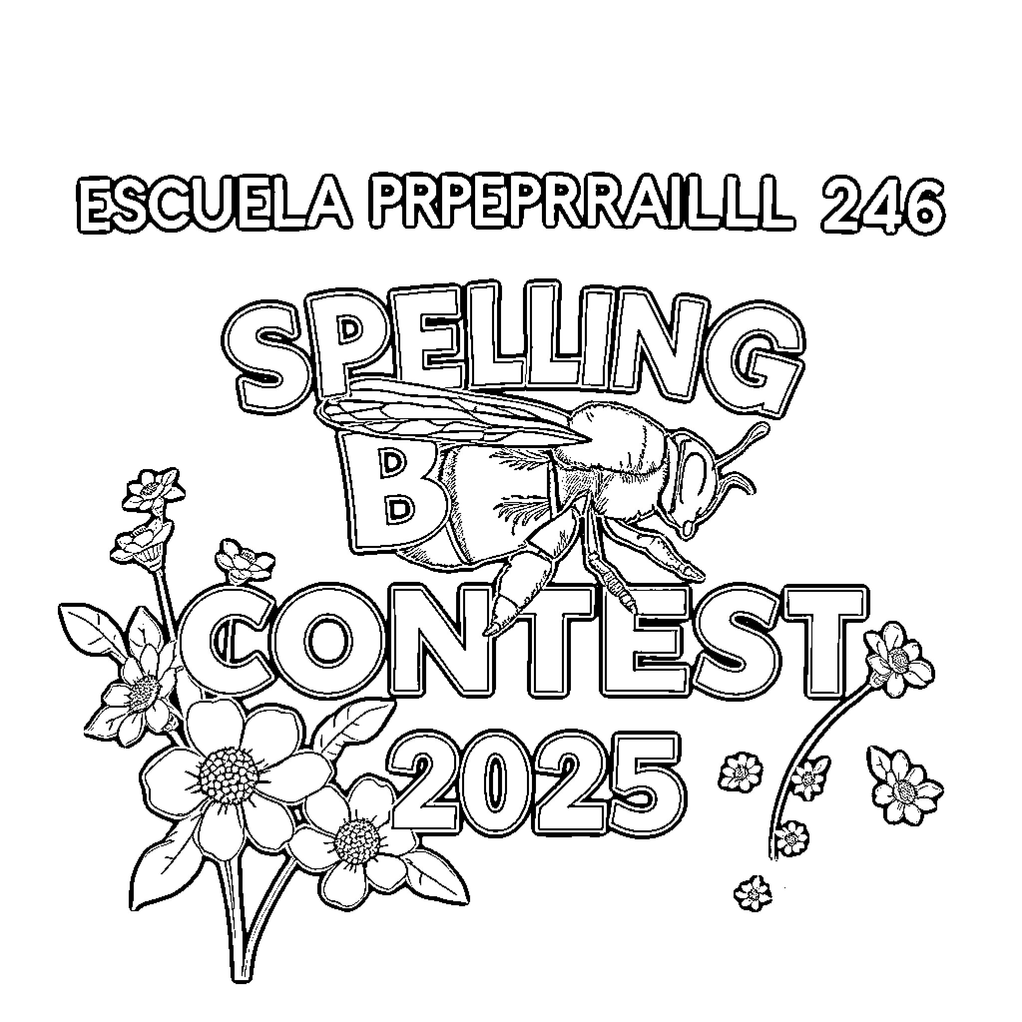Bee Spelling Bee Contest 2025 Coloring Page (free black-and-white line drawing printable PDF for all, from beginners to advanced learners, including children, teens, adults, and seniors)