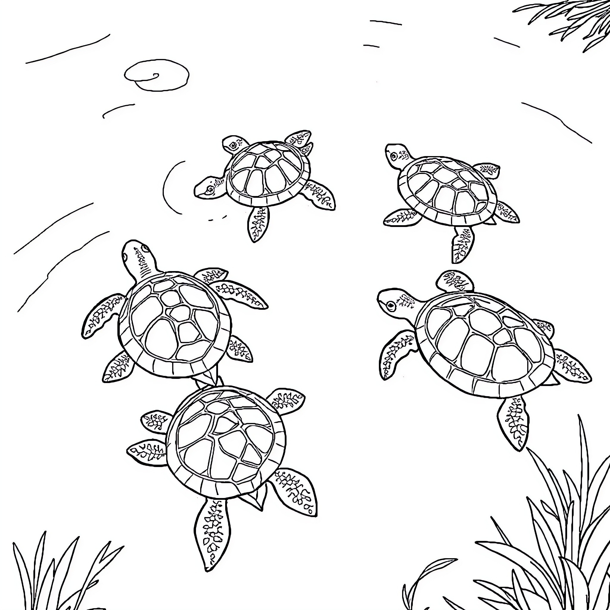 Turtles swimming playfully in the ocean Coloring Page (free black-and-white line drawing printable PDF for all, from beginners to advanced learners, including children, teens, adults, and seniors)