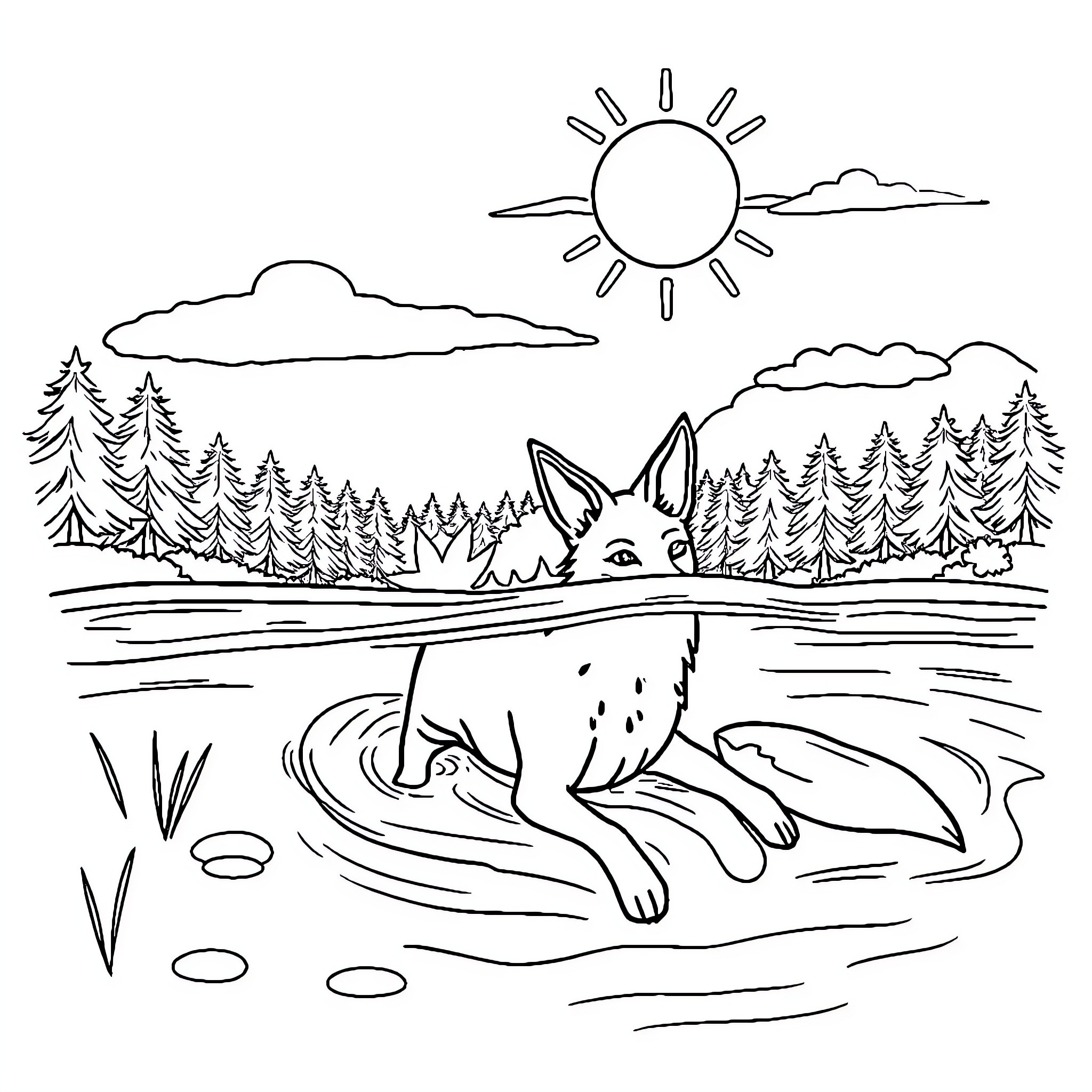 Coyote resting in the serene wilderness Coloring Page (free black-and-white line drawing printable PDF for all, from beginners to advanced learners, including children, teens, adults, and seniors)