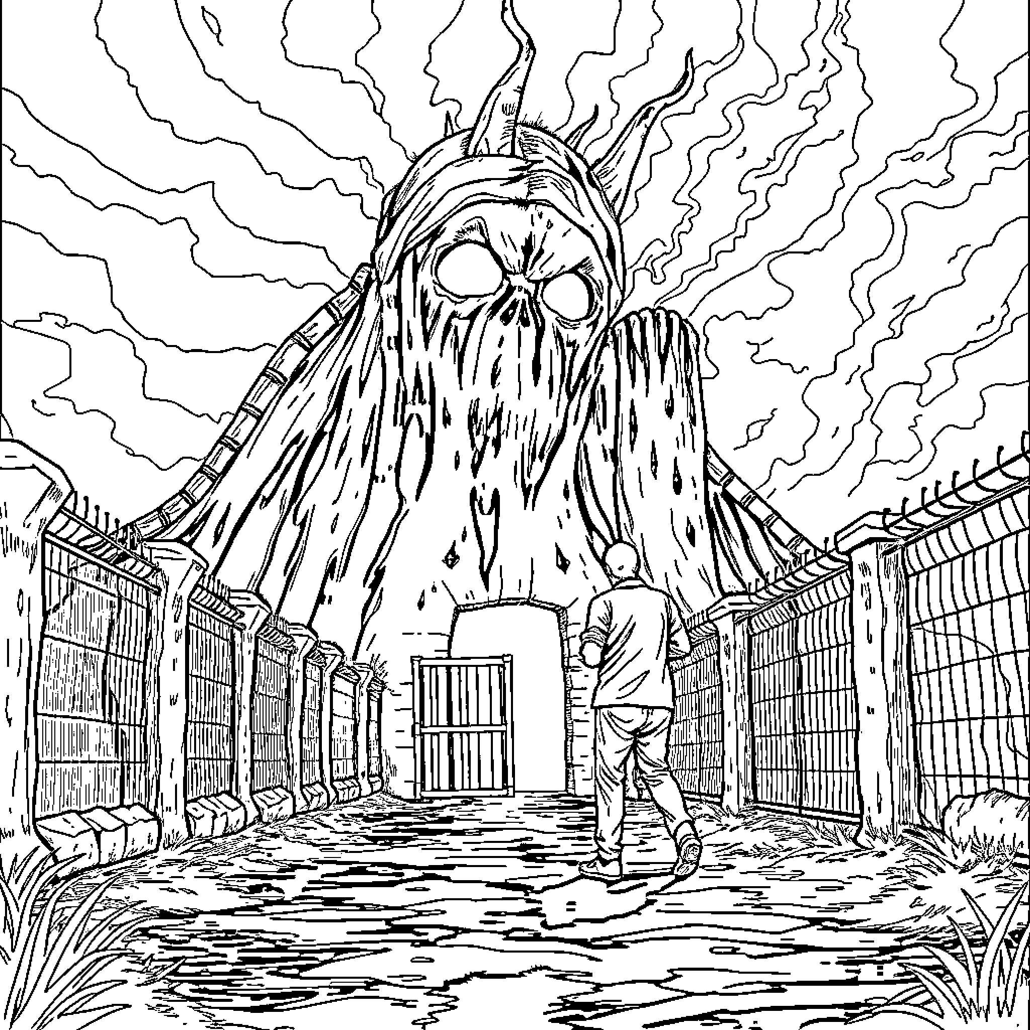 Husband faces ominous volcanic eruption in ravaged town Coloring Page (free black-and-white line drawing printable PDF for all, from beginners to advanced learners, including children, teens, adults, and seniors)