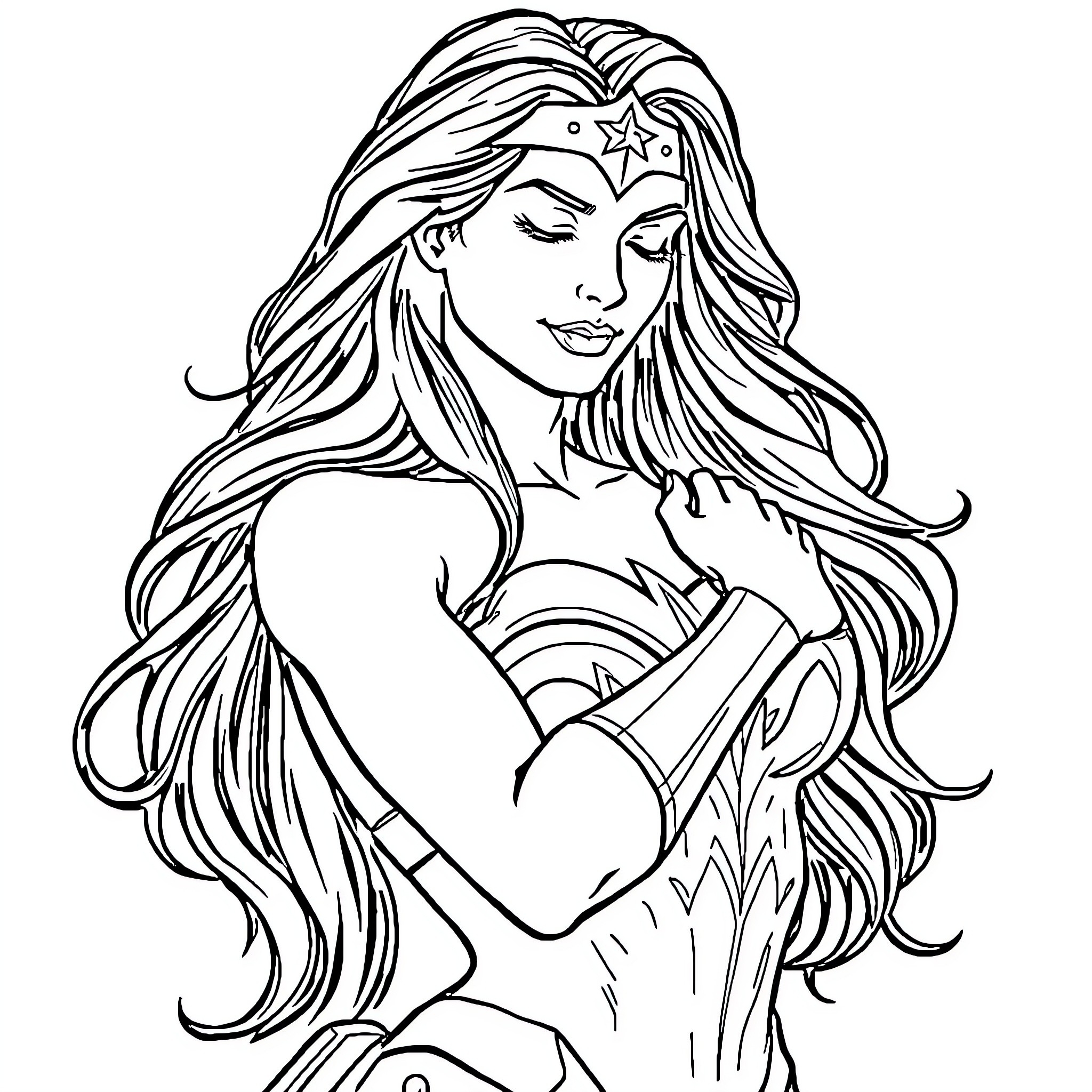 Wonder Woman in heroic pose with flowing hair Coloring Page (free black-and-white line drawing printable PDF for all, from beginners to advanced learners, including children, teens, adults, and seniors)