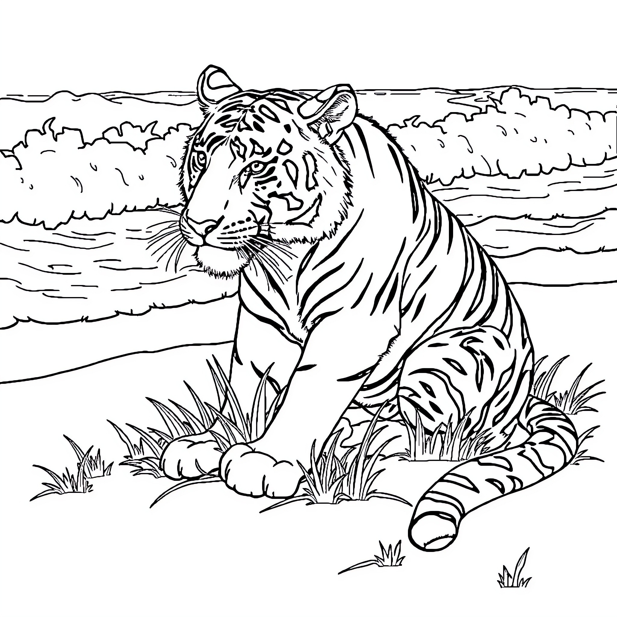 Tiger in Serene Nature Landscape Coloring Page (free black-and-white line drawing printable PDF for all, from beginners to advanced learners, including children, teens, adults, and seniors)