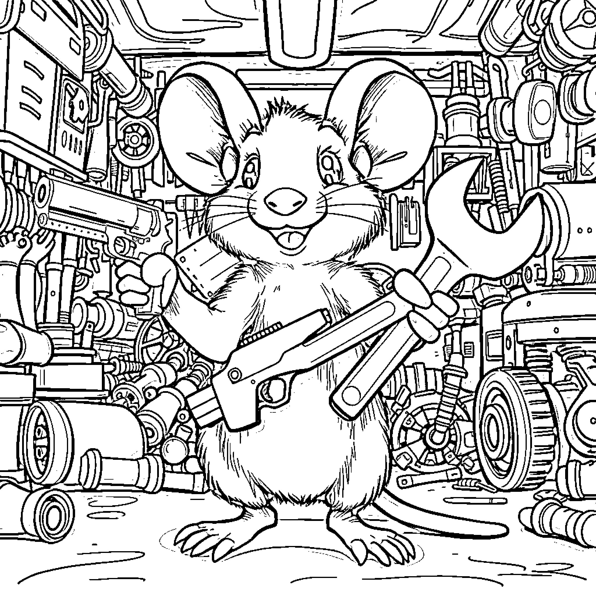 Mouse mechanic working on machine parts Coloring Page (free black-and-white line drawing printable PDF for all, from beginners to advanced learners, including children, teens, adults, and seniors)