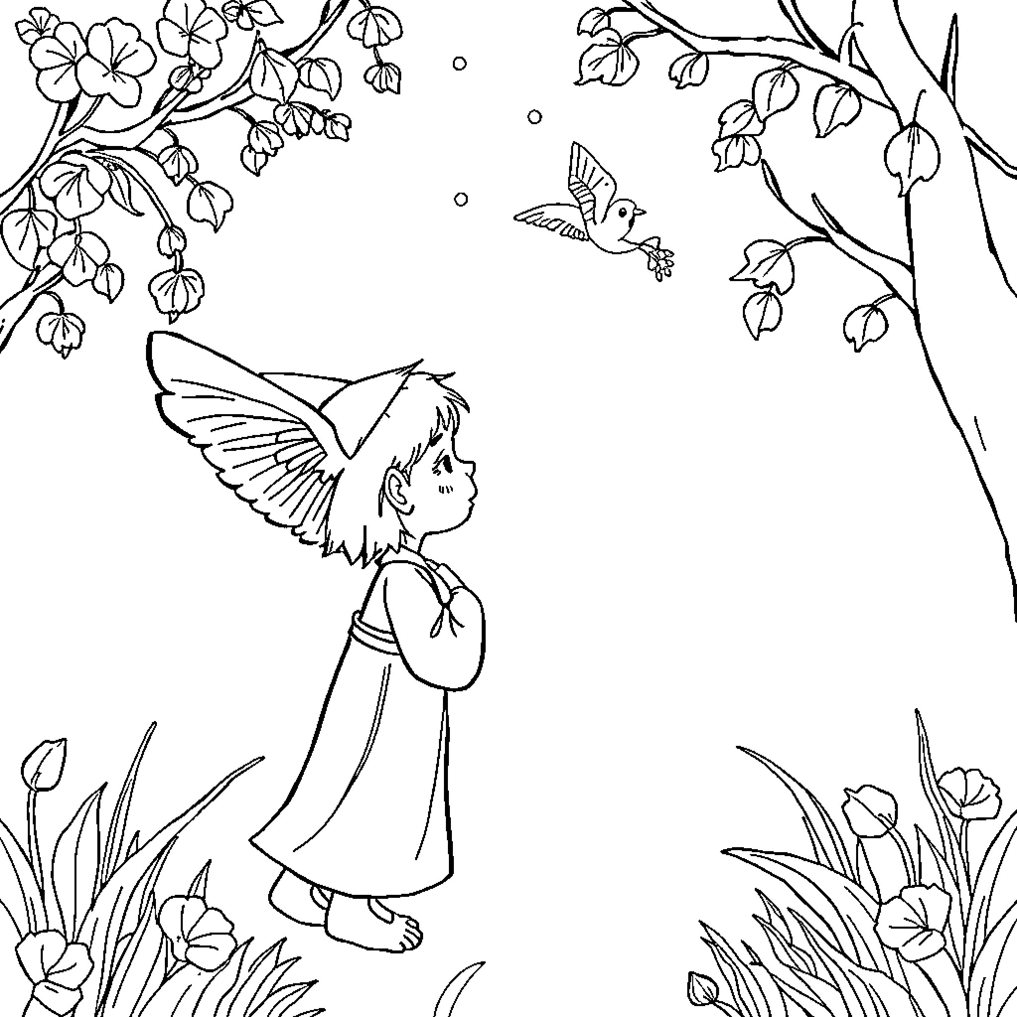 Jinu's Magical Garden Adventure Coloring Page (free black-and-white line drawing printable PDF for all, from beginners to advanced learners, including children, teens, adults, and seniors)
