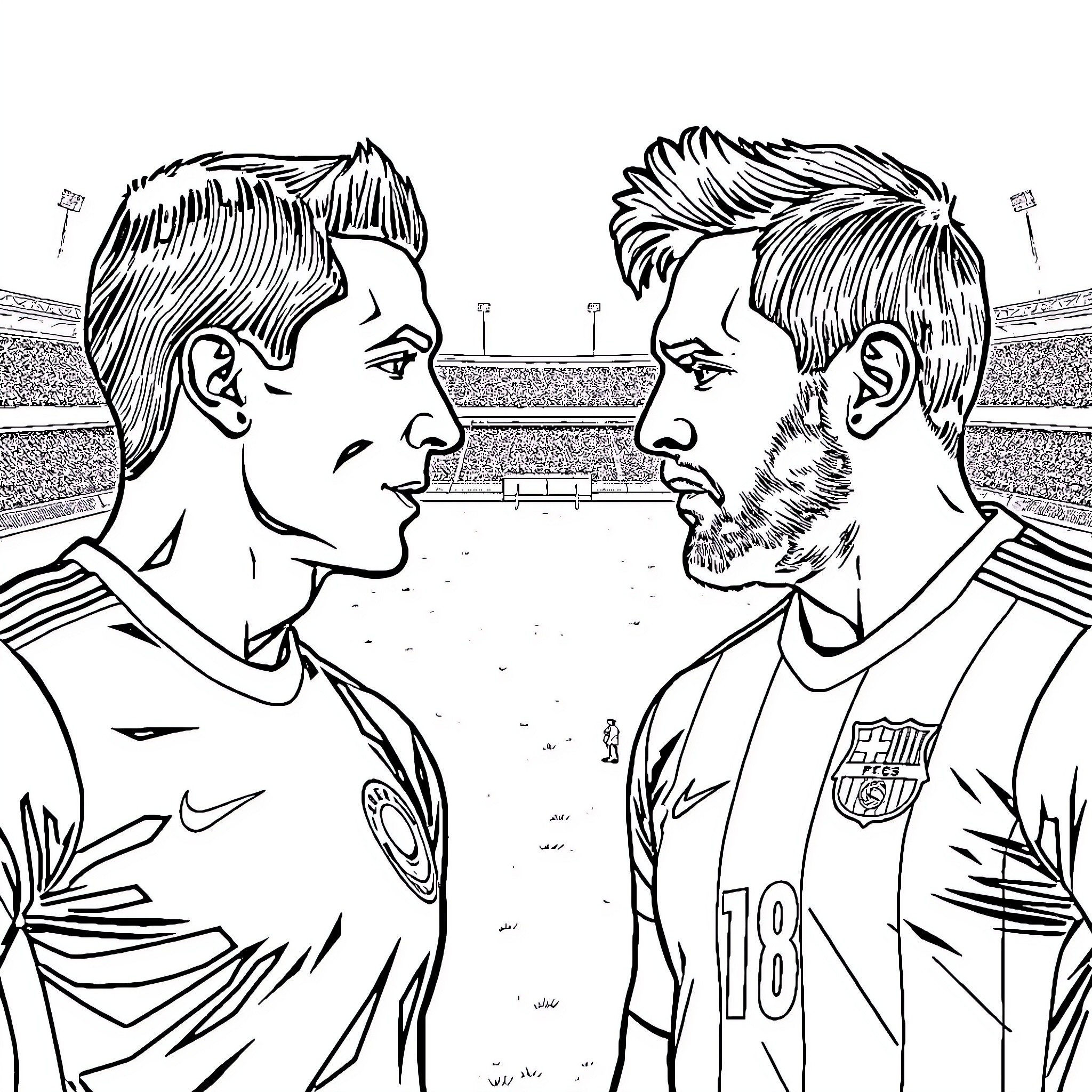 Ronaldo Facing off with an Opponent on the Field Coloring Page (free black-and-white line drawing printable PDF for all, from beginners to advanced learners, including children, teens, adults, and seniors)