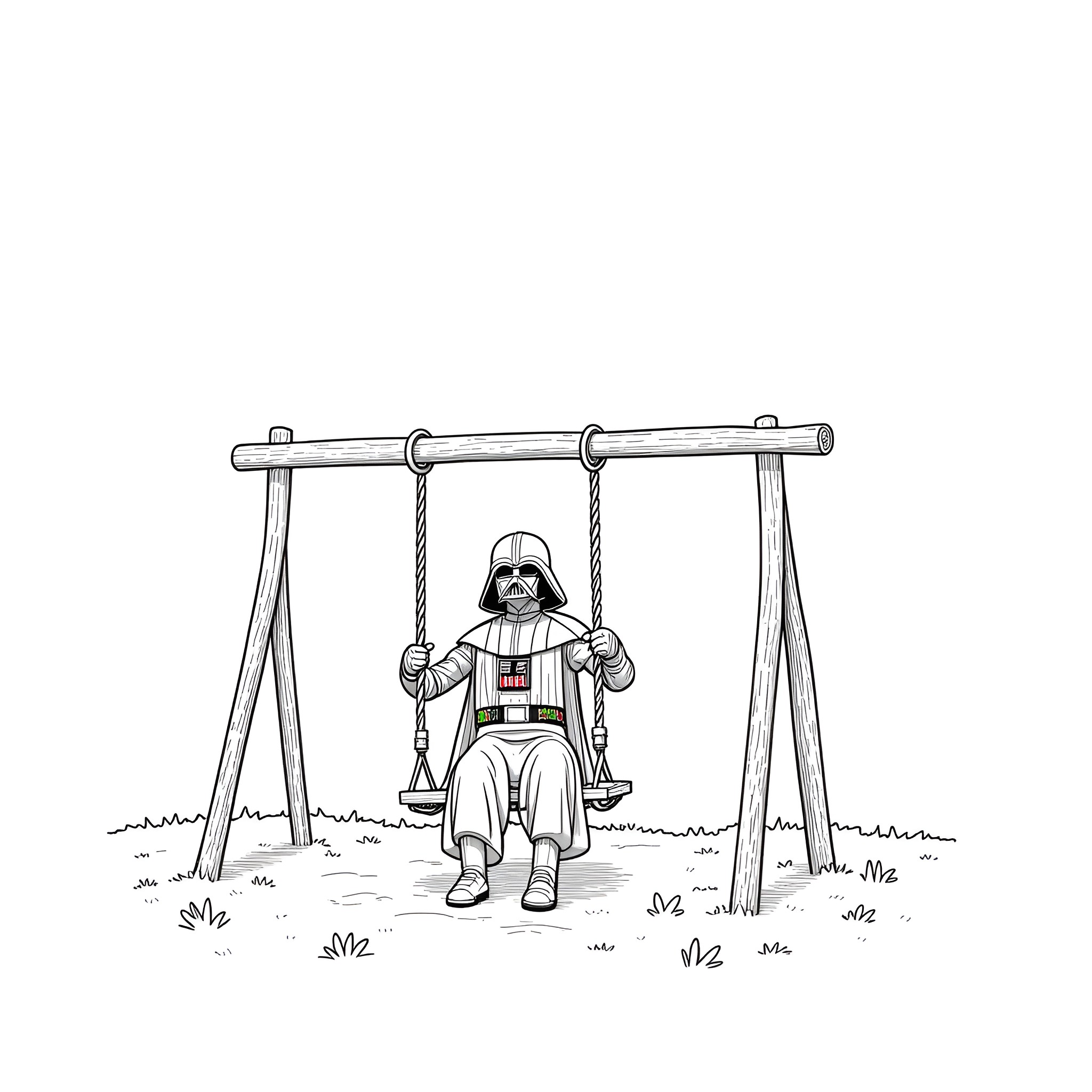 Darth Vader enjoying a peaceful moment on the swing Coloring Page (free black-and-white line drawing printable PDF for all, from beginners to advanced learners, including children, teens, adults, and seniors)